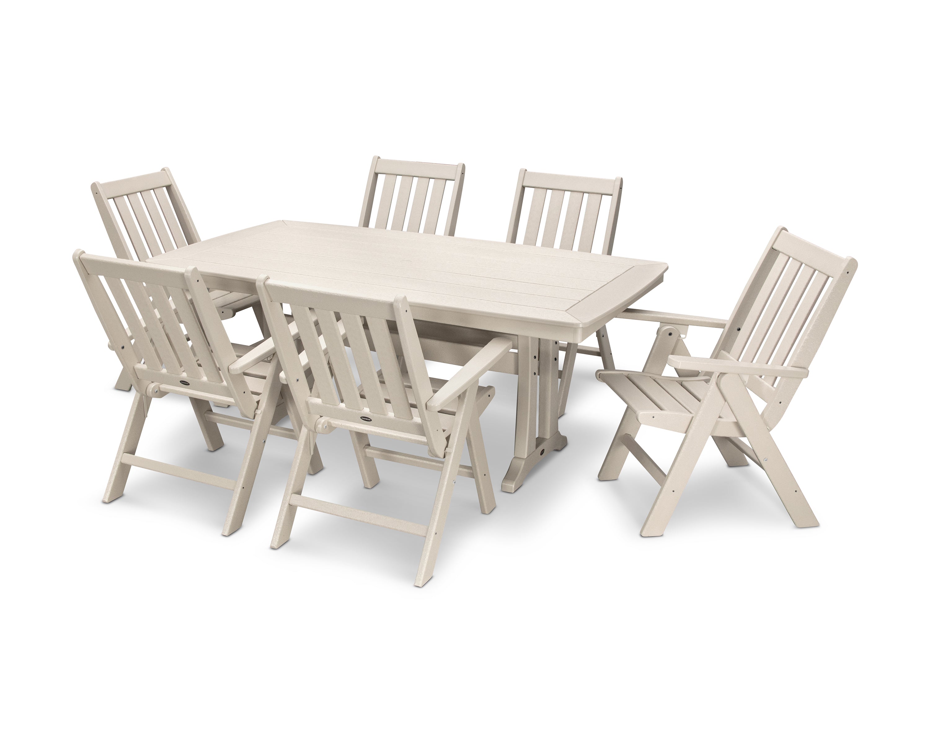 POLYWOOD Vineyard Folding Chair 7-Piece Dining Set with Trestle Legs in Sand