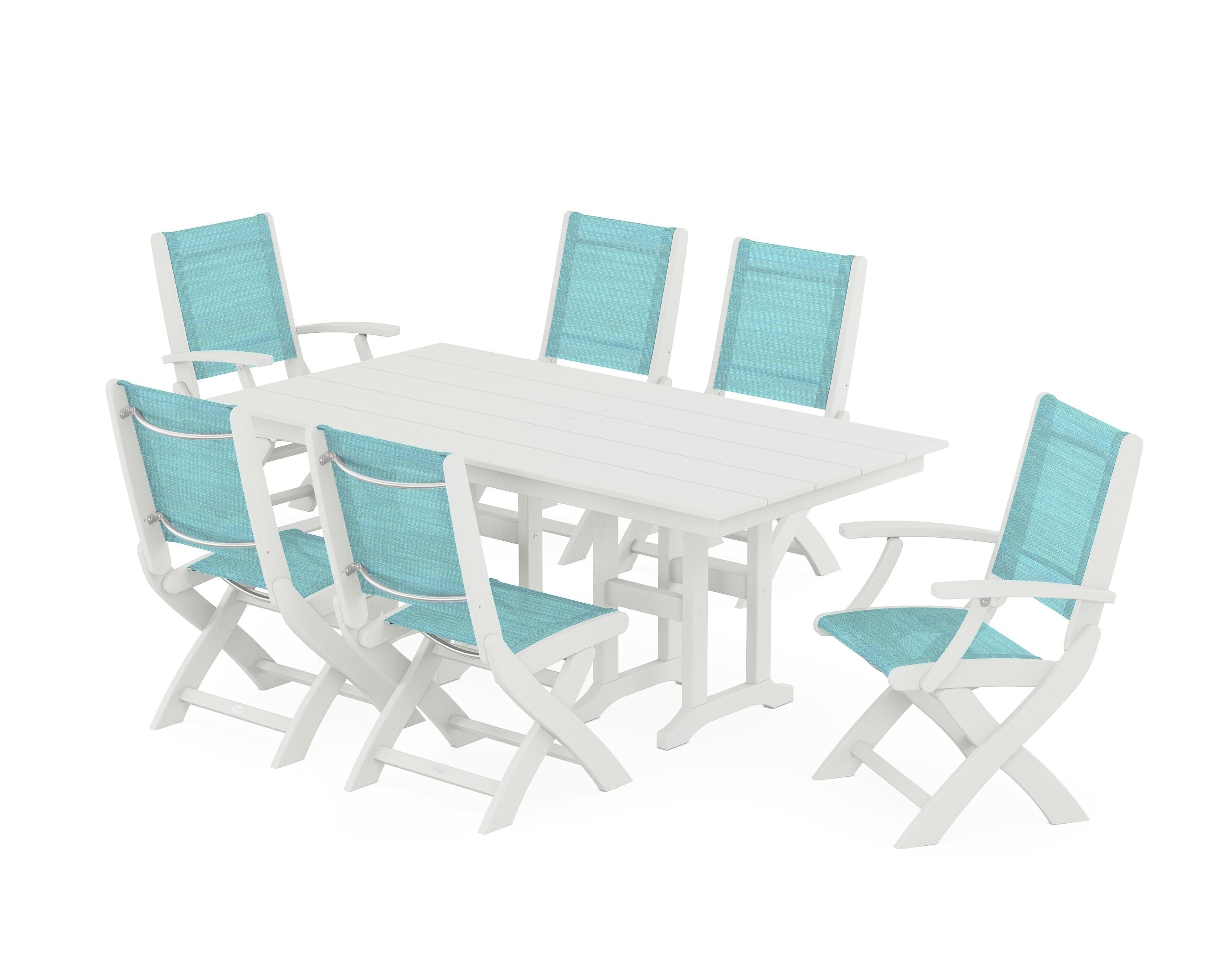 POLYWOOD Coastal Folding Chair 7-Piece Farmhouse Dining Set in Vintage White / Dupioni Aquamarine Sling