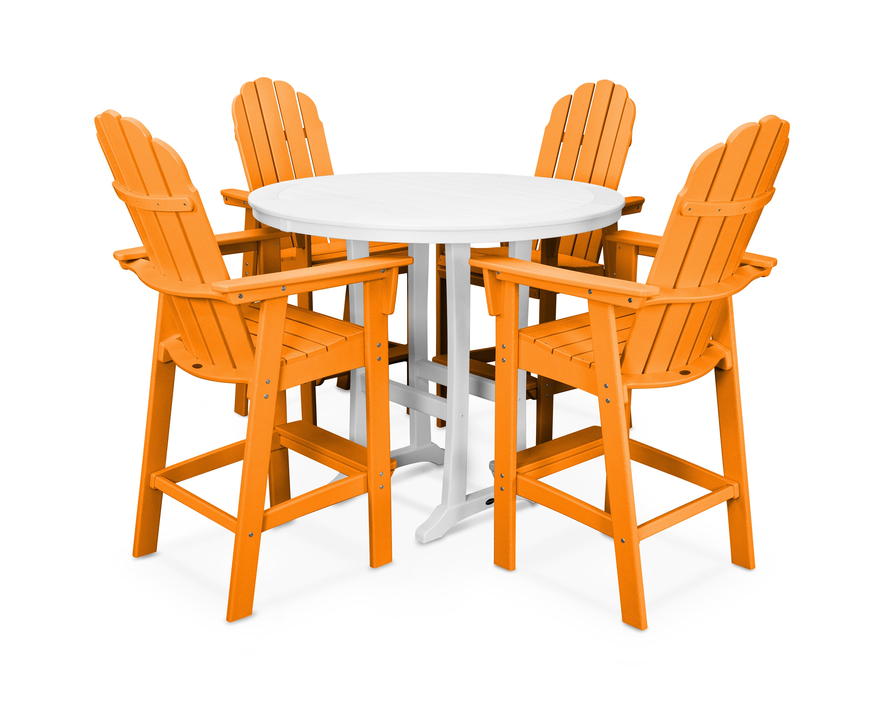POLYWOOD® Vineyard Curveback Adirondack 5-Piece Nautical Trestle Bar Set in Tangerine / White