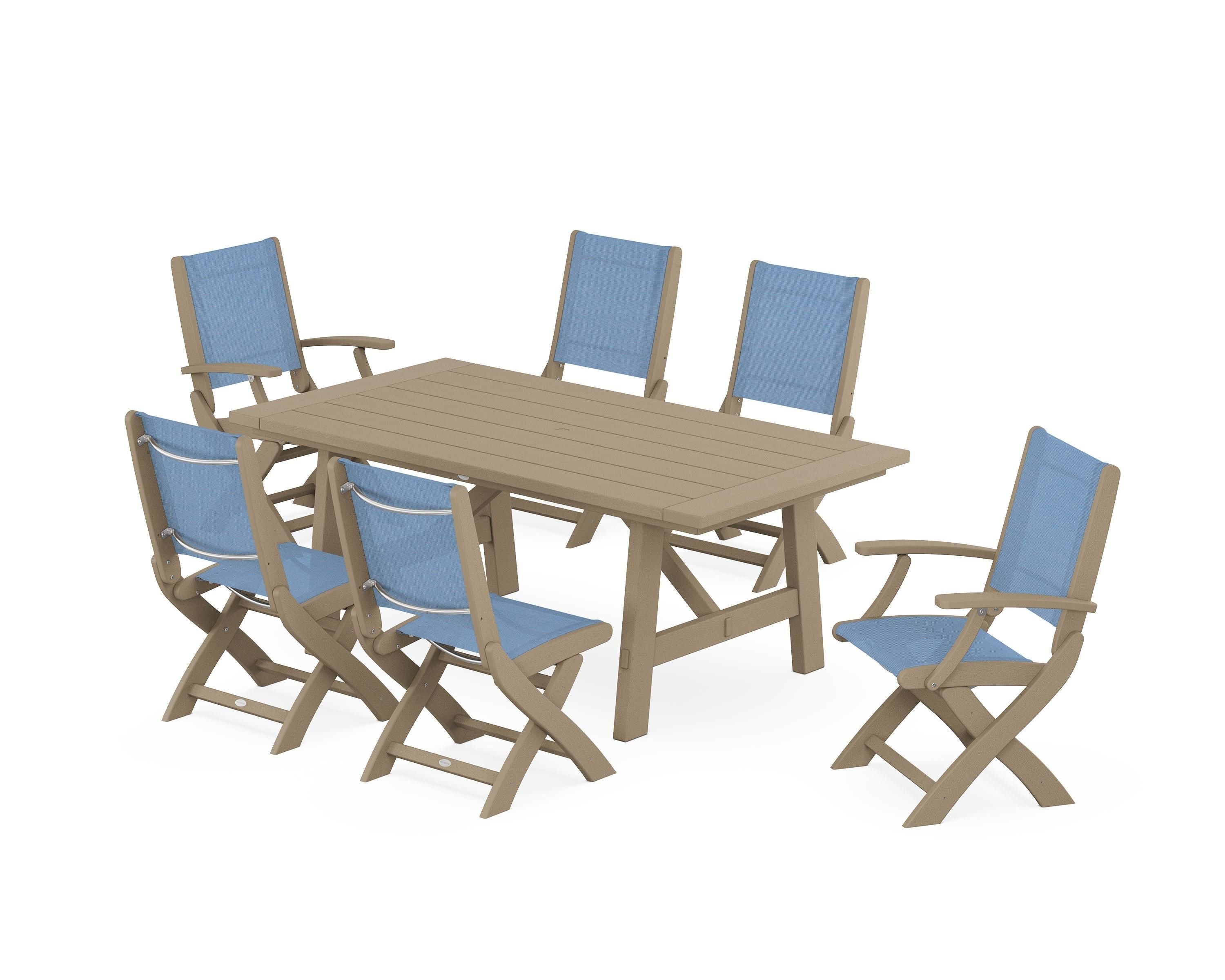 POLYWOOD Coastal Folding Chair 7-Piece Rustic Farmhouse Dining Set in Vintage Sahara / Poolside Sling
