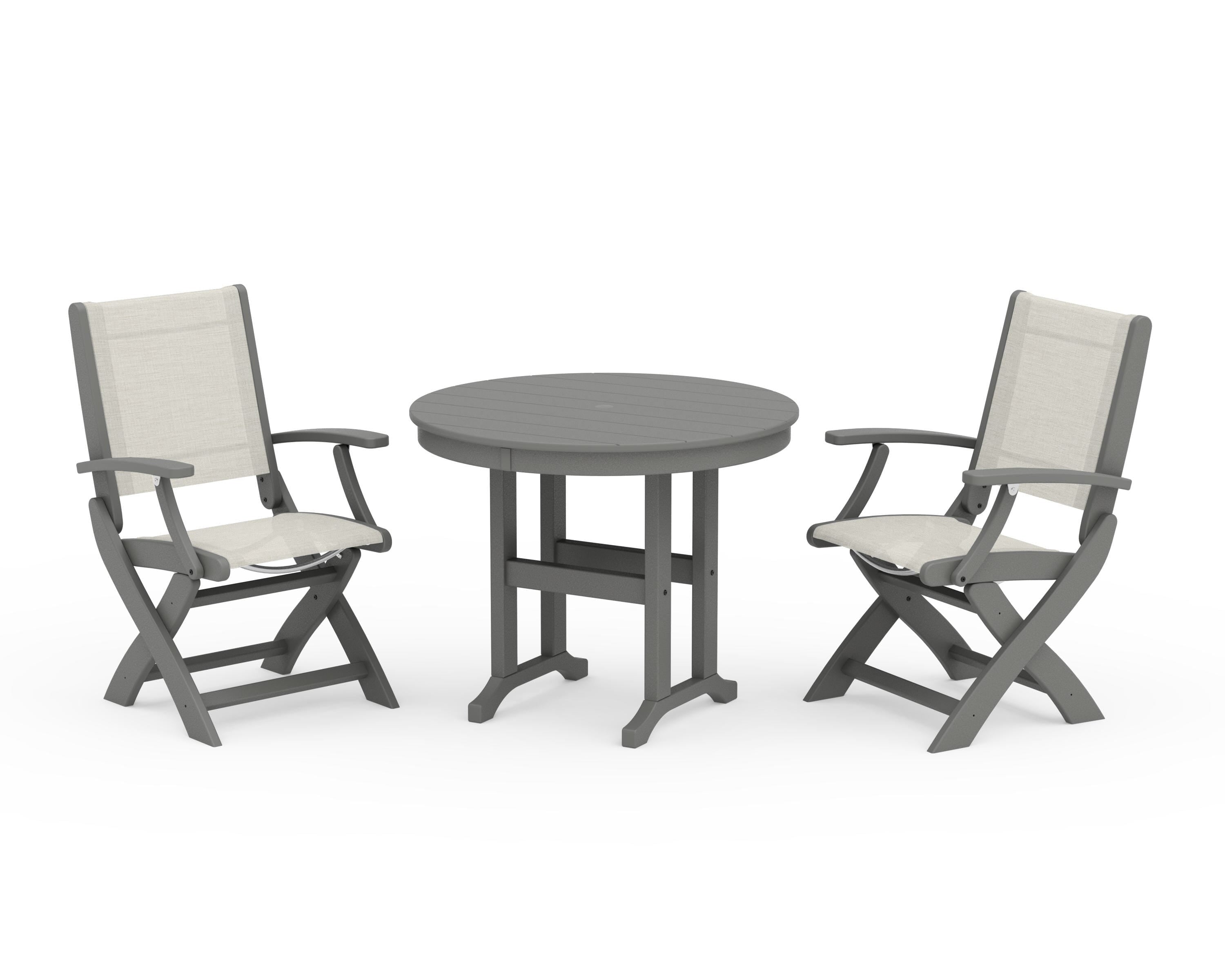 POLYWOOD Coastal Folding Chair 3-Piece Round Dining Set in Slate Grey / Parchment Sling