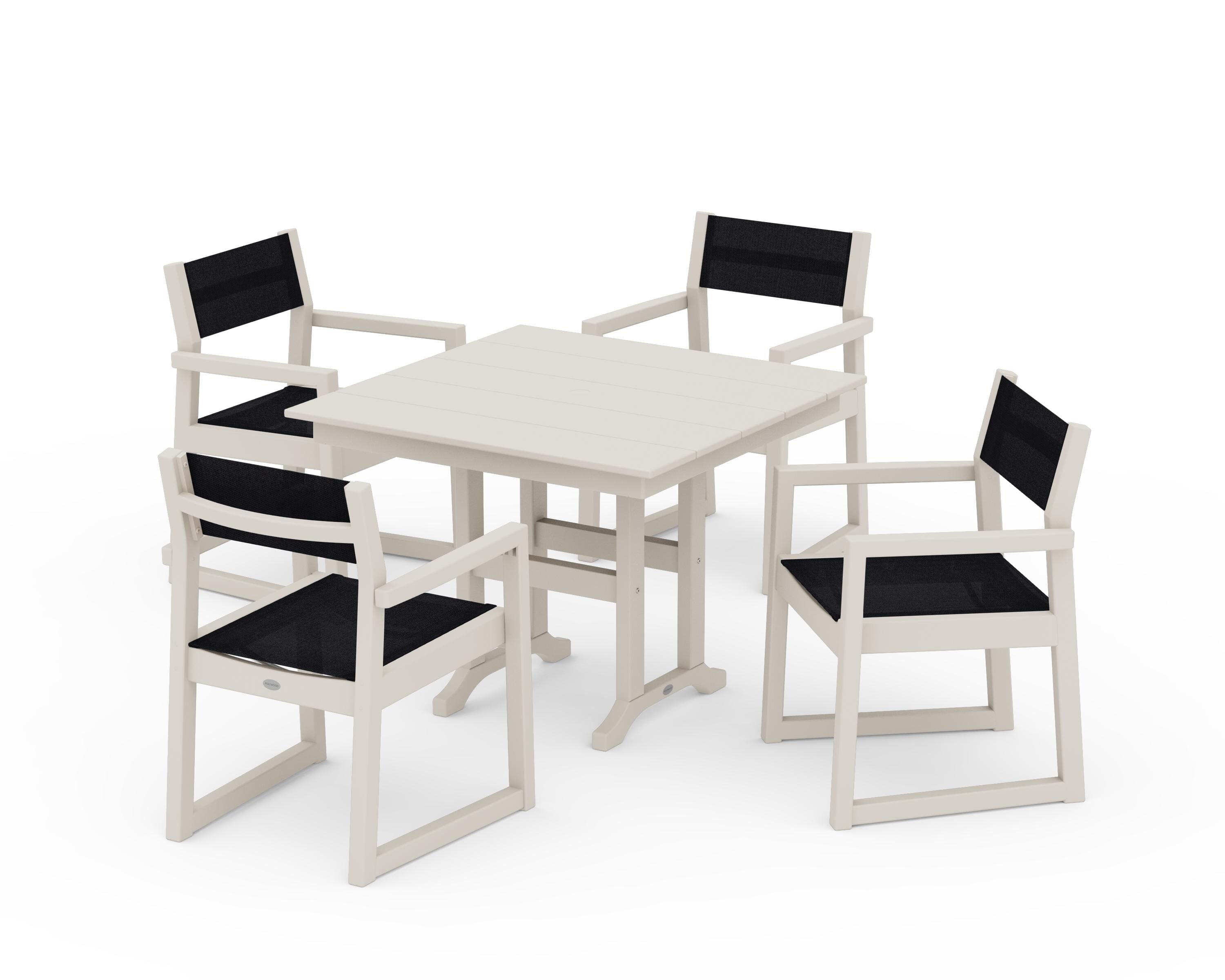 POLYWOOD EDGE Sling Arm Chair 5-Piece Farmhouse Dining Set in Sand / Black Sling