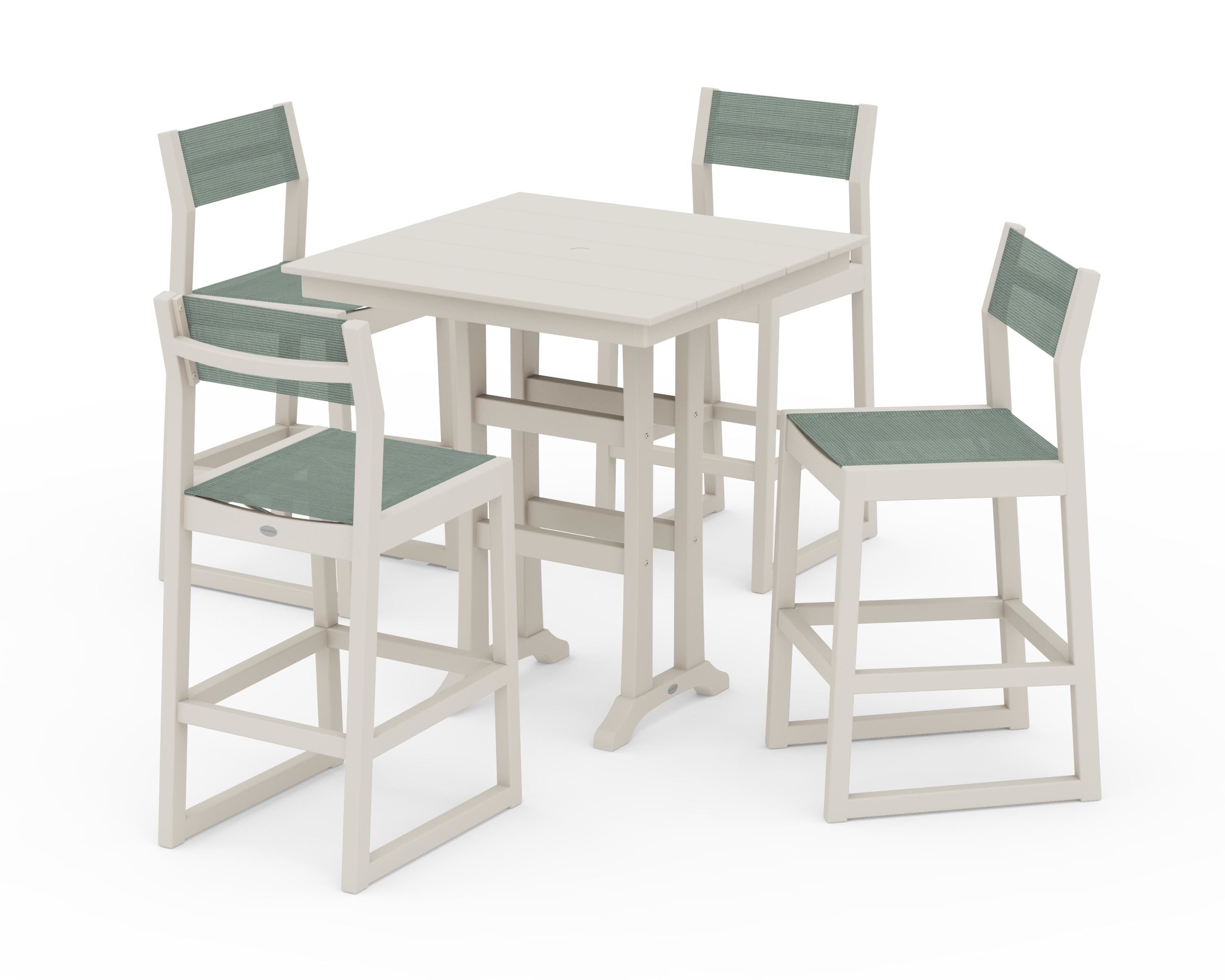 POLYWOOD EDGE Sling Arm Chair 5-Piece Farmhouse Bar Set with Trestle Legs in Sand / Dupioni Sea Mist Sling