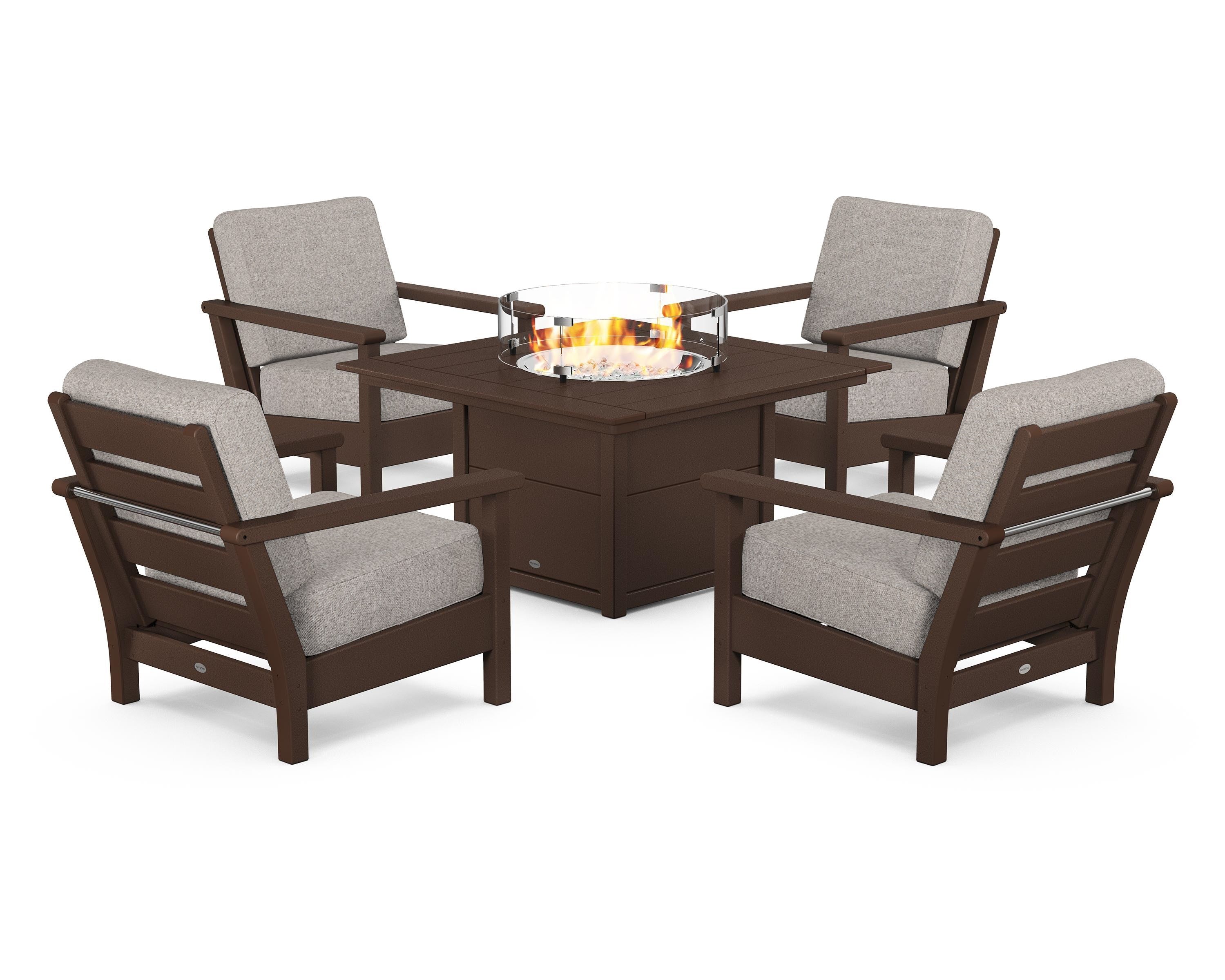 POLYWOOD Harbour 5-Piece Conversation Set with Fire Pit Table in Mahogany / Weathered Tweed