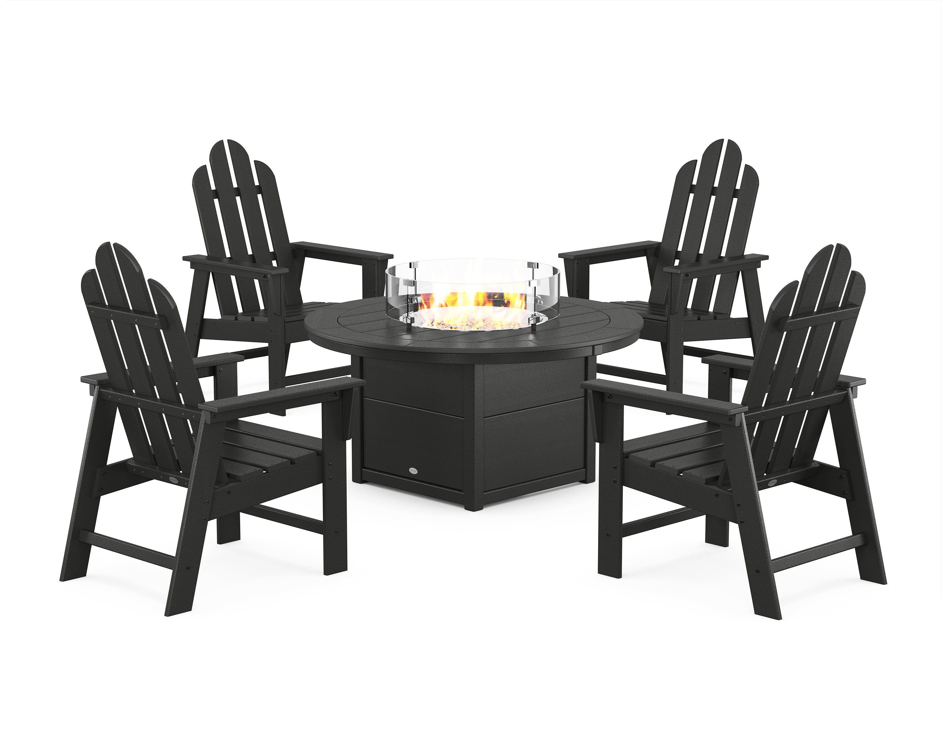 POLYWOOD Long Island 4-Piece Upright Adirondack Conversation Set with Fire Pit Table in Black
