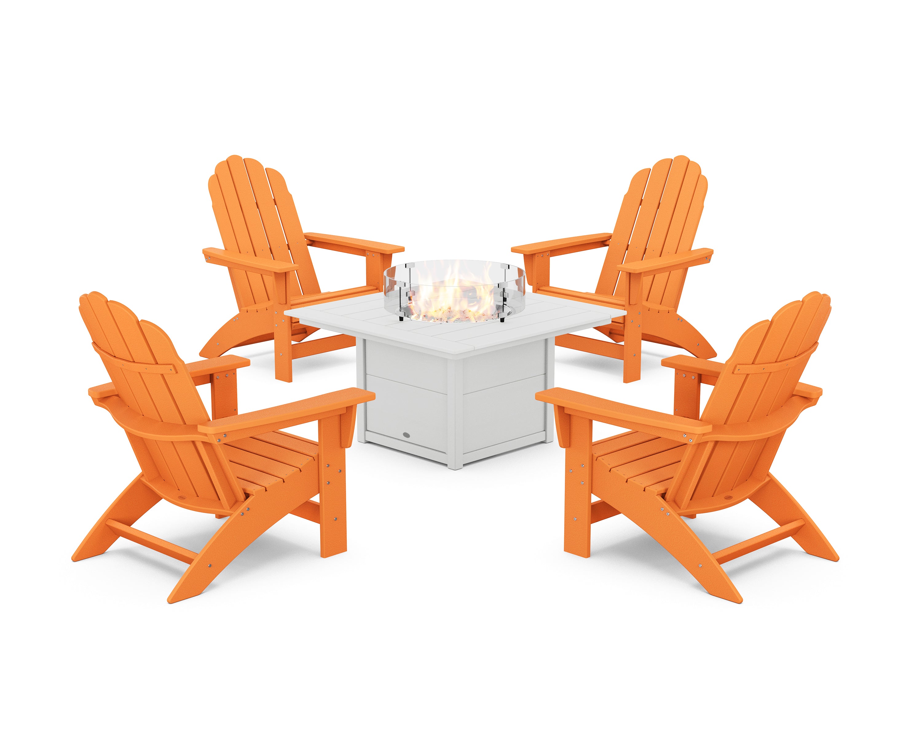 POLYWOOD 5-Piece Vineyard Grand Adirondack Conversation Set with Fire Pit Table in Tangerine / White