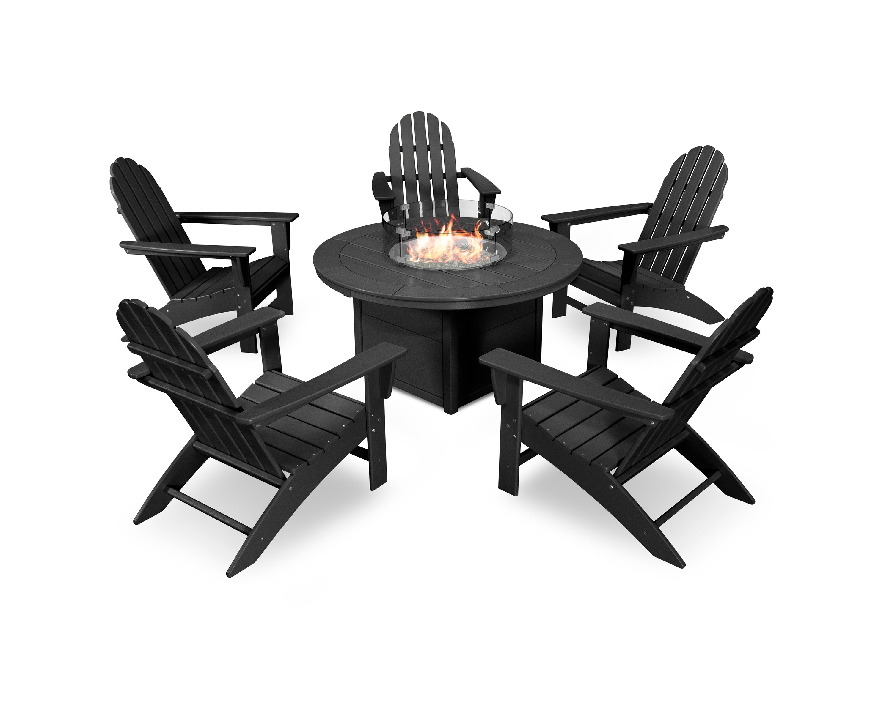 POLYWOOD Vineyard Adirondack 6-Piece Chat Set with Fire Pit Table in Black