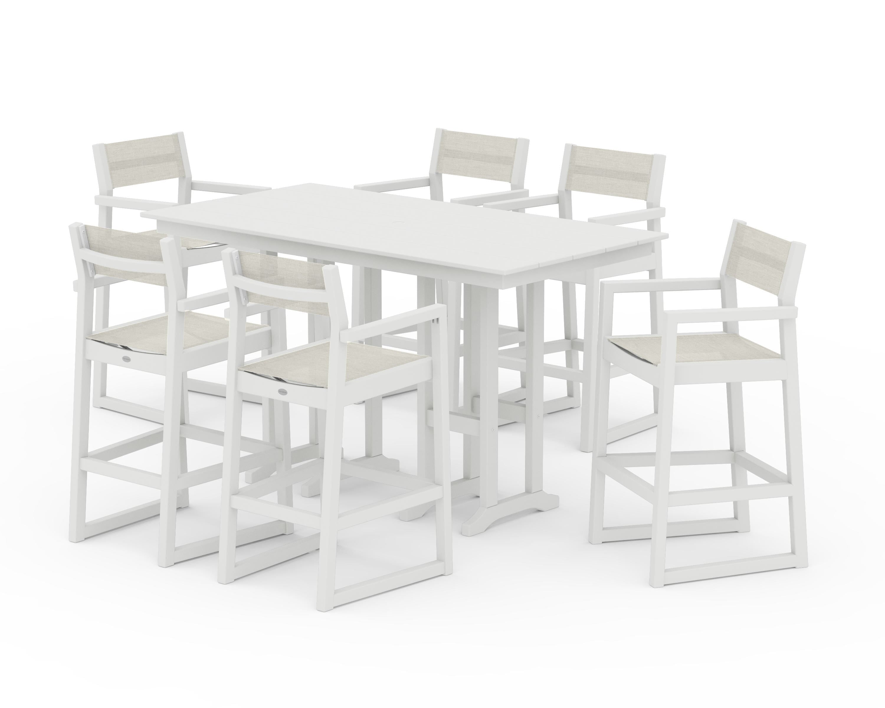 POLYWOOD EDGE Sling Arm Chair 7-Piece Farmhouse Bar Set in Vintage White / Parchment Sling