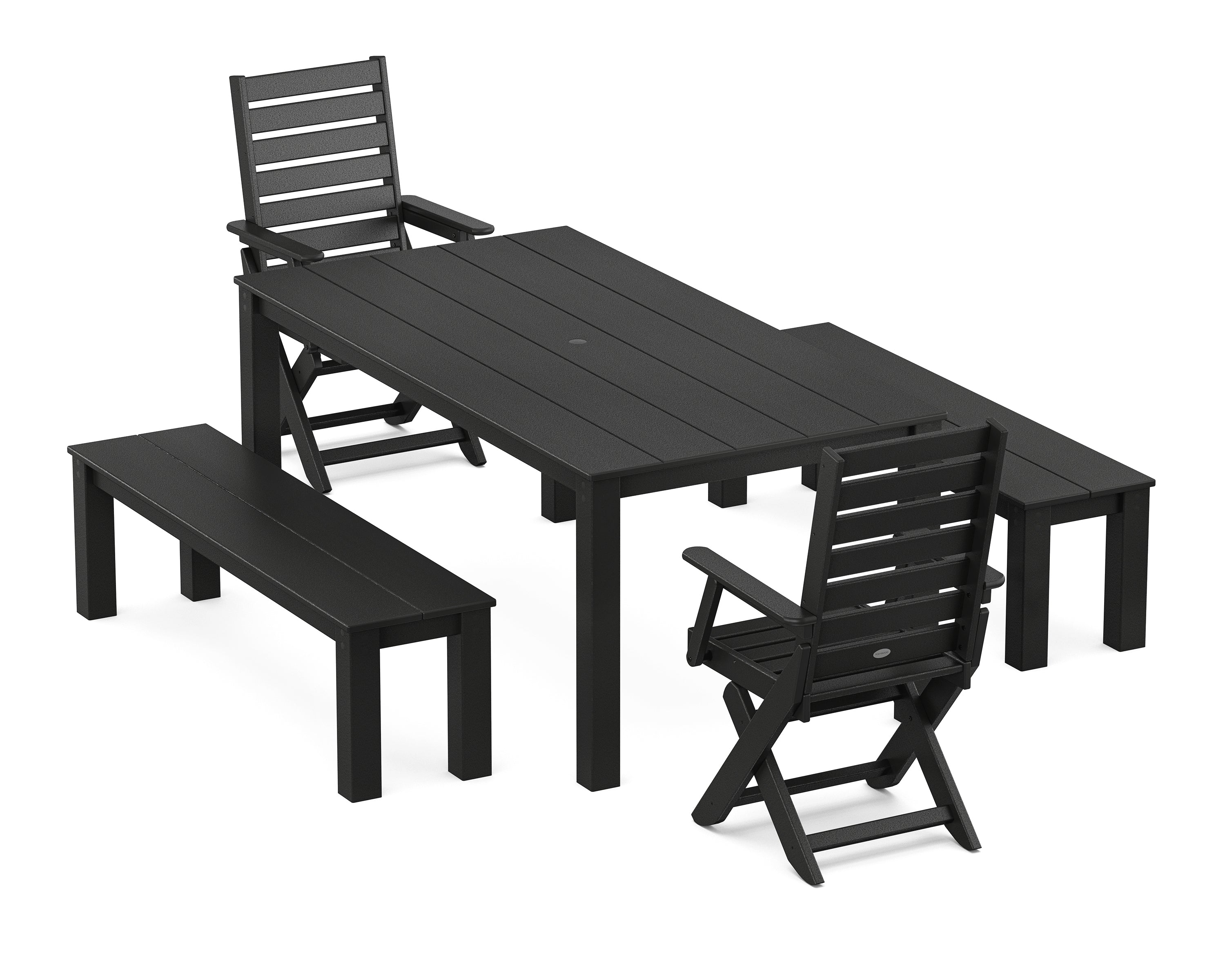 POLYWOOD Captain Folding Chair 5-Piece Parsons Dining Set with Benches in Black