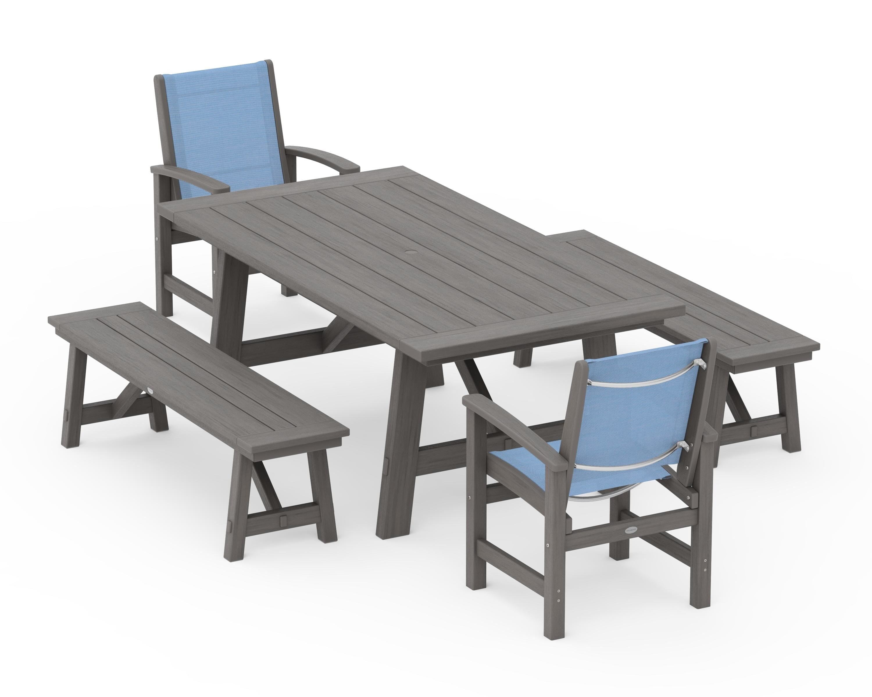 POLYWOOD Coastal 5-Piece Rustic Farmhouse Dining Set With Benches in Driftwood / Poolside Sling