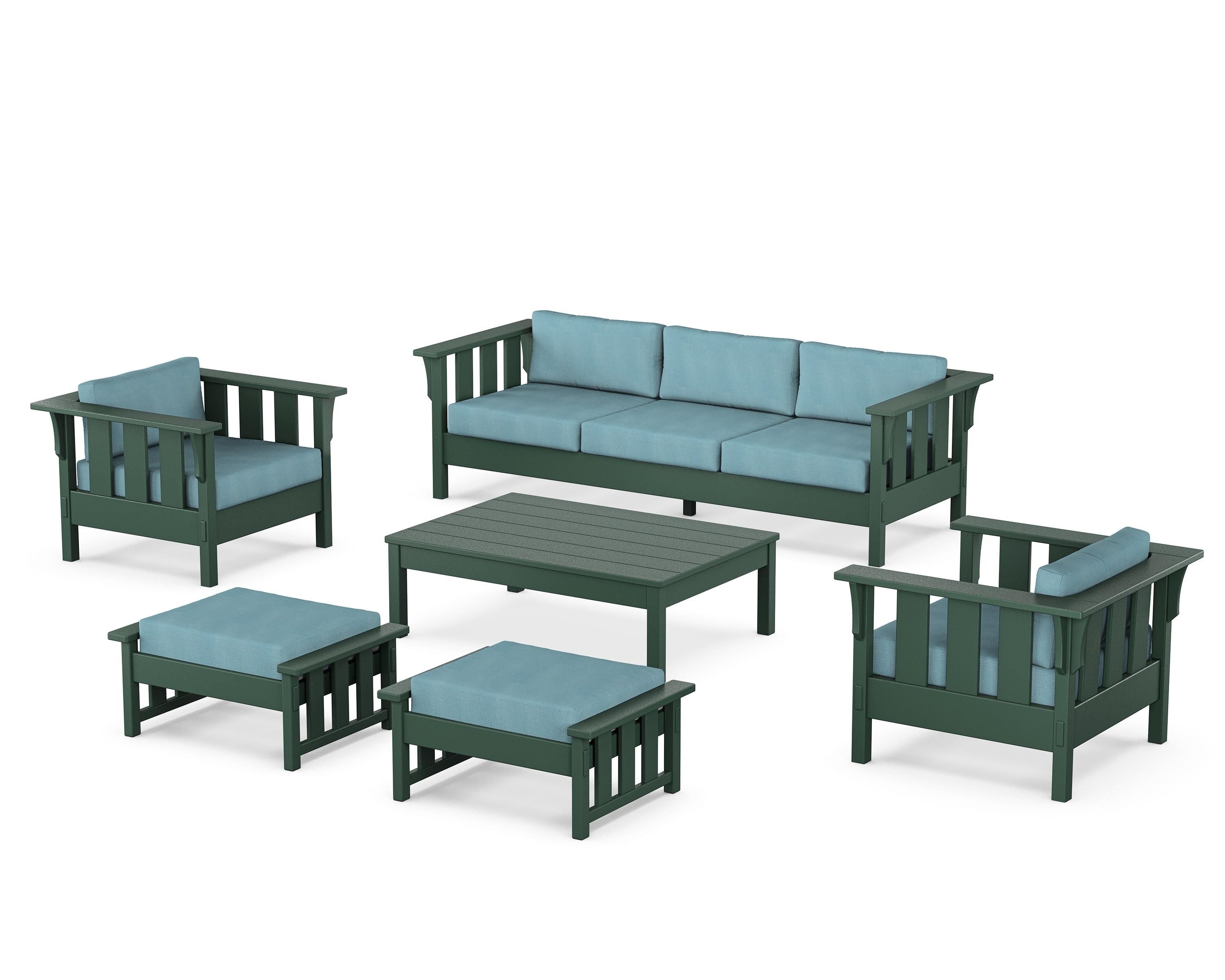 Martha Stewart by POLYWOOD Acadia 6-Piece Lounge Sofa Set in Green / Lattice Sky Blue