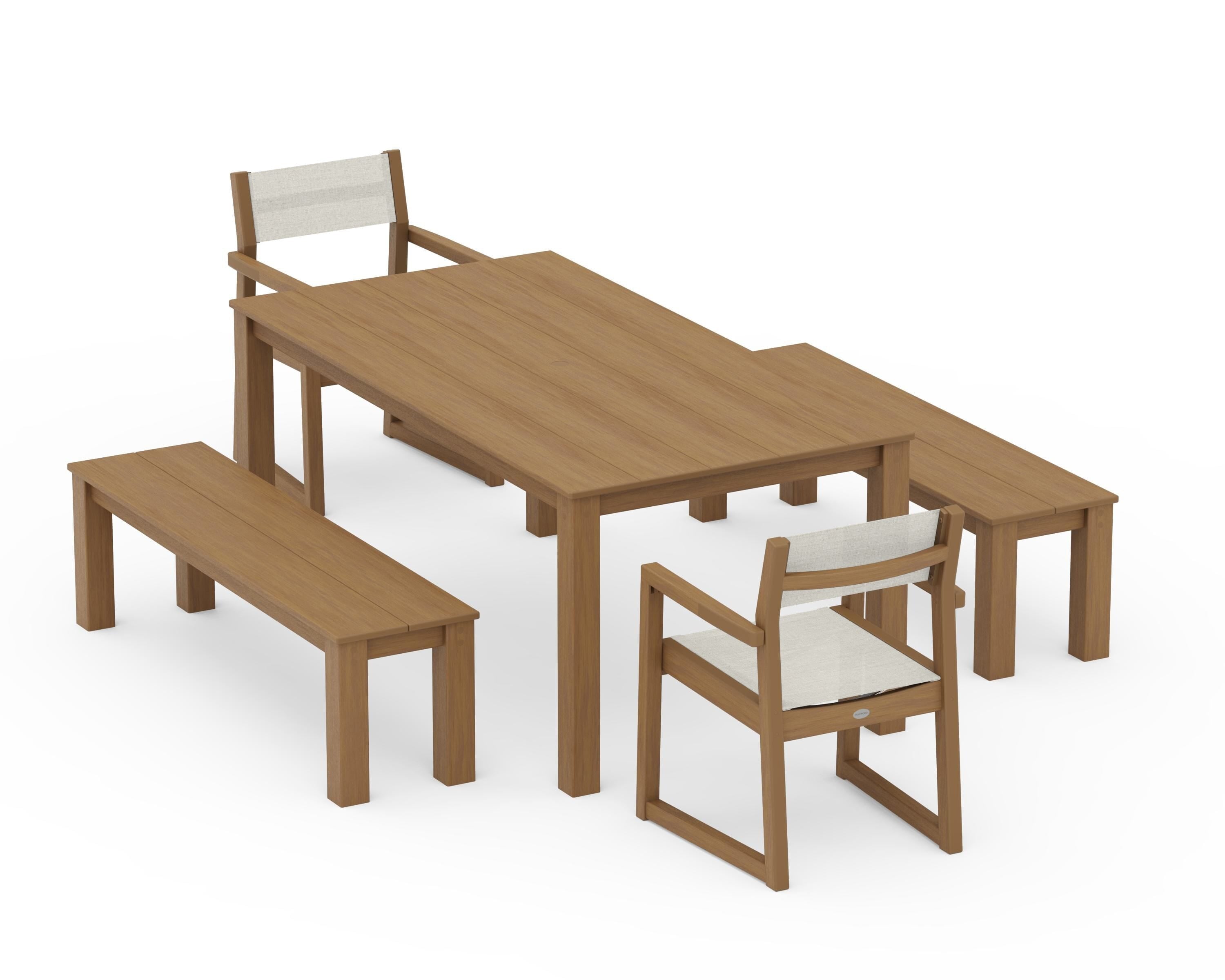 POLYWOOD EDGE Sling Arm Chair 5-Piece Parsons Dining Set with Benches in Natural / Parchment Sling