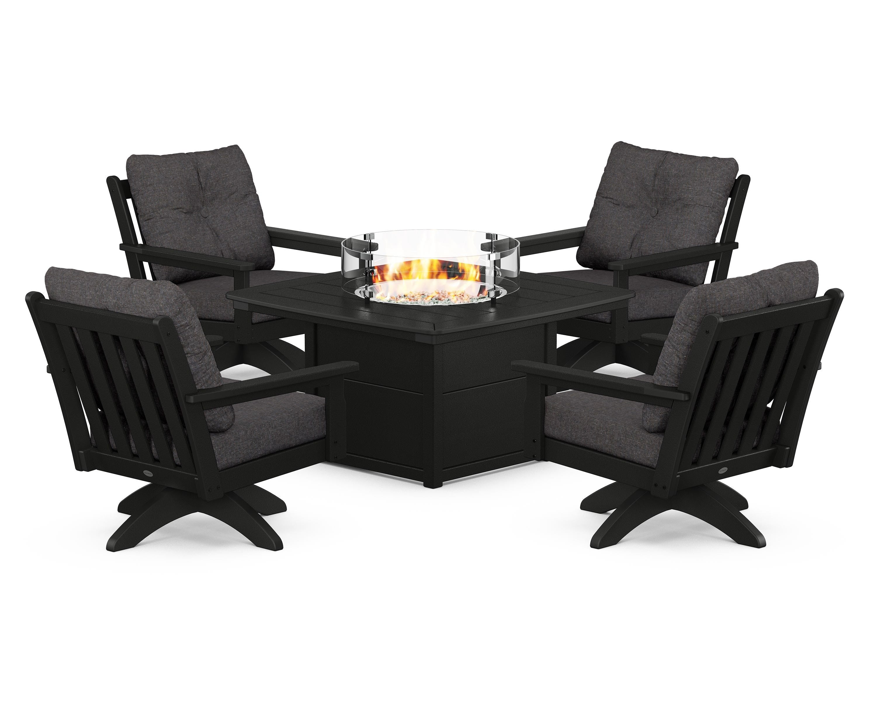 POLYWOOD Vineyard 5-Piece Deep Seating Swivel Conversation Set with Fire Pit Table in Black / Ash Charcoal