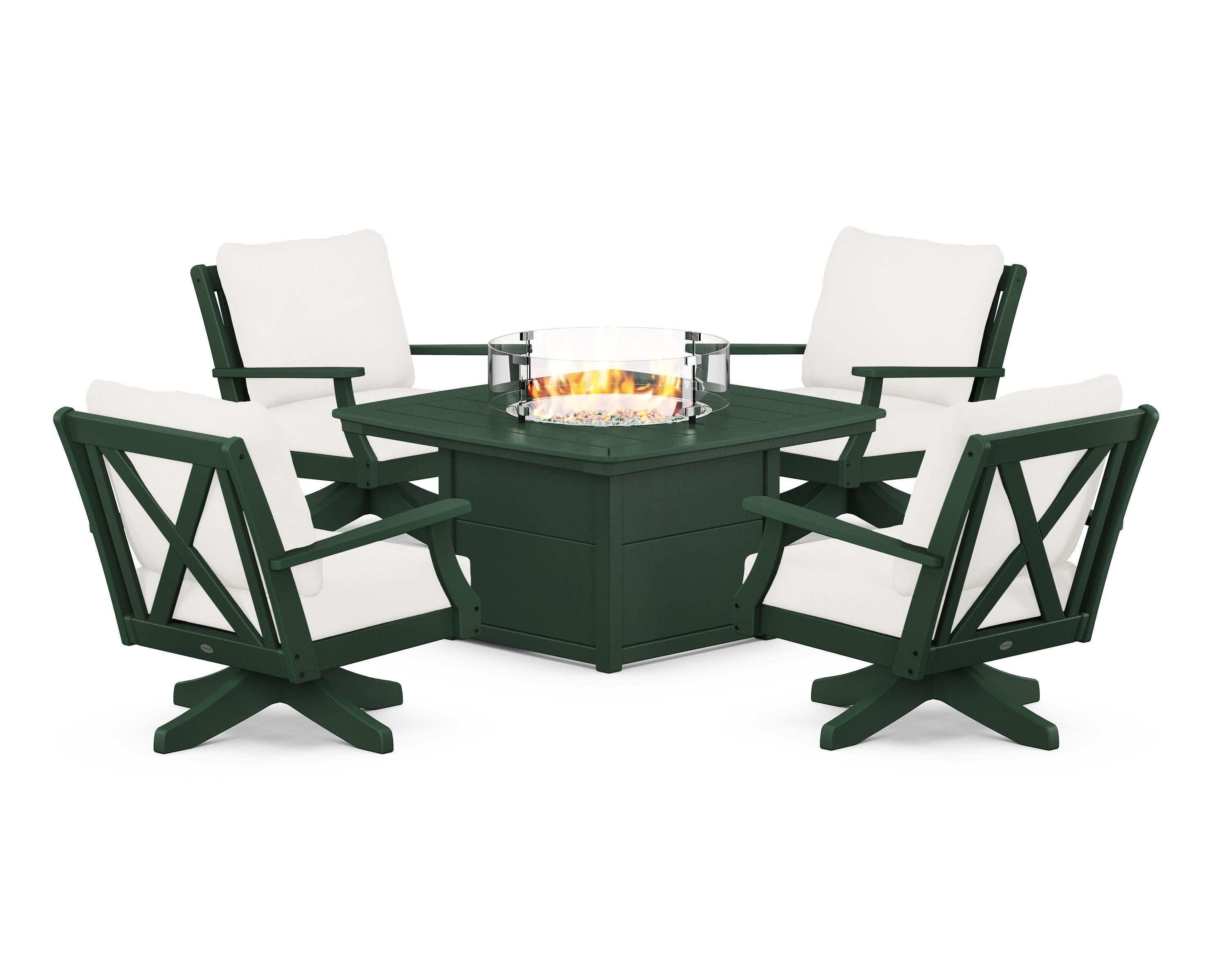 POLYWOOD Braxton 5-Piece Deep Seating Swivel Conversation Set with Fire Pit Table in Green / Natural Linen