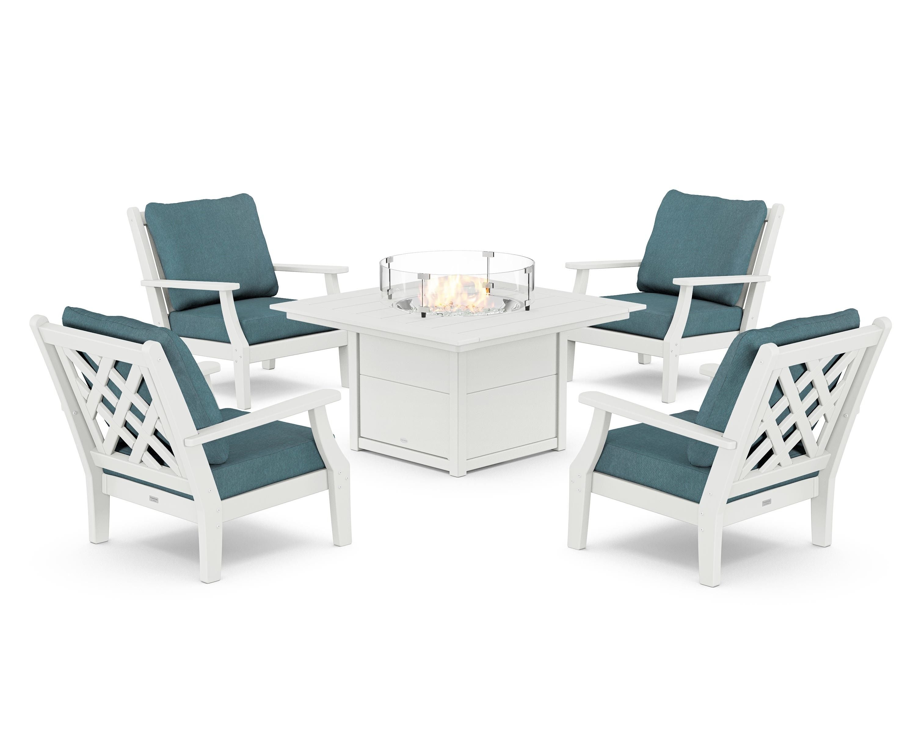 Country Living Wovendale 5-Piece Deep Seating Set with Fire Pit Table in White / Ocean Teal