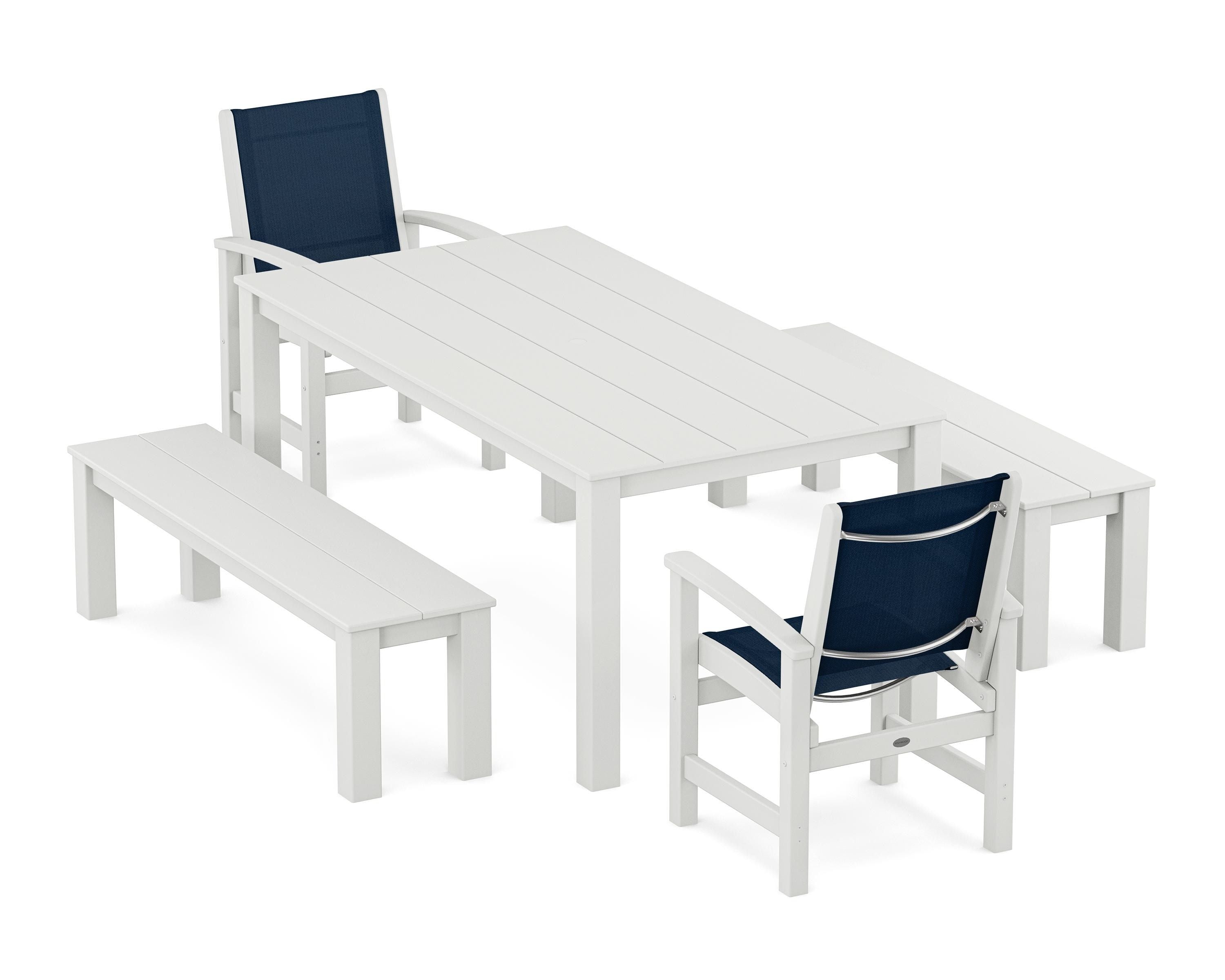 POLYWOOD Coastal 5-Piece Parsons Dining Set with Benches in White / Navy Blue Sling
