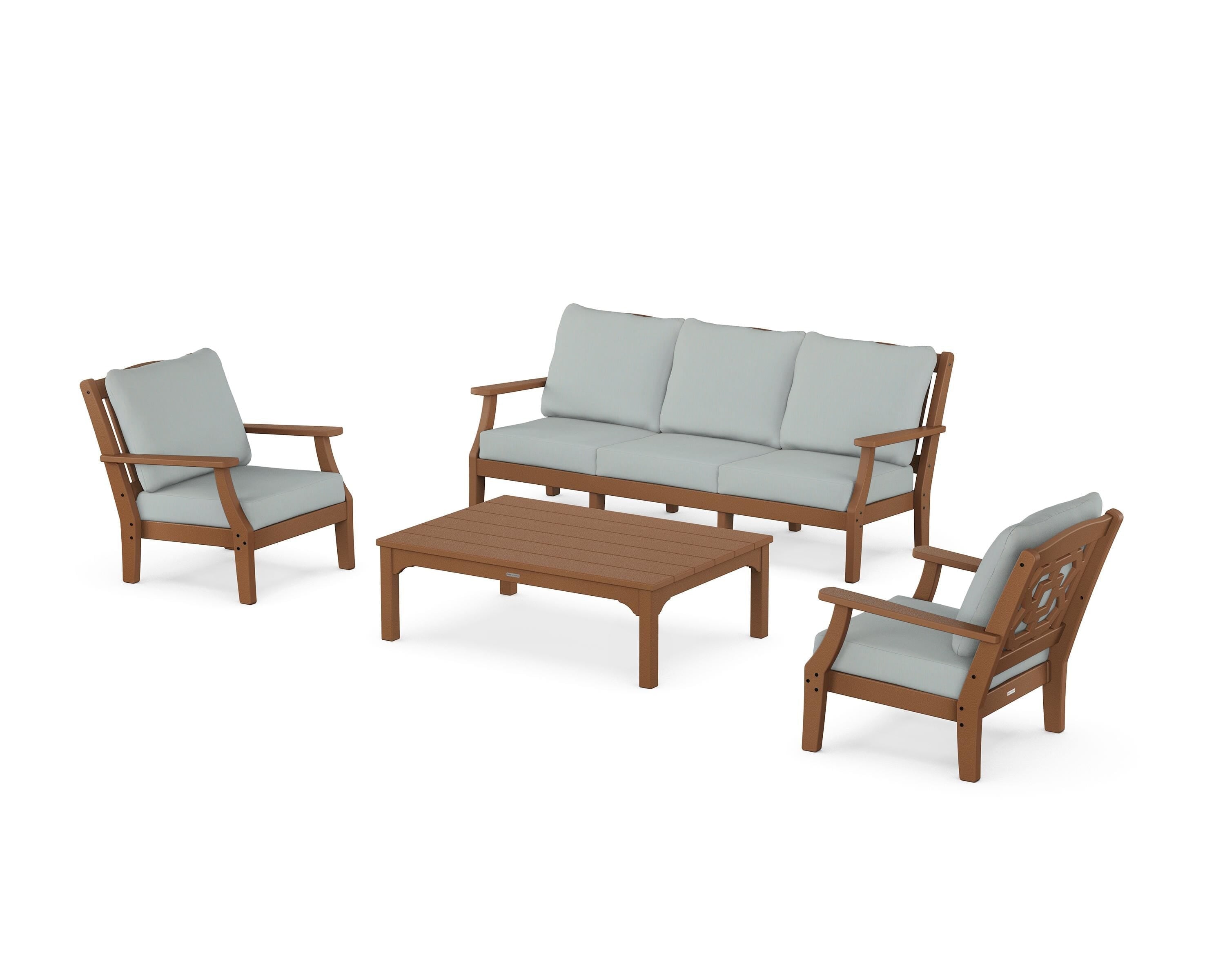 Martha Stewart by POLYWOOD Chinoiserie 4-Piece Deep Seating Set with Sofa in Teak / Spa