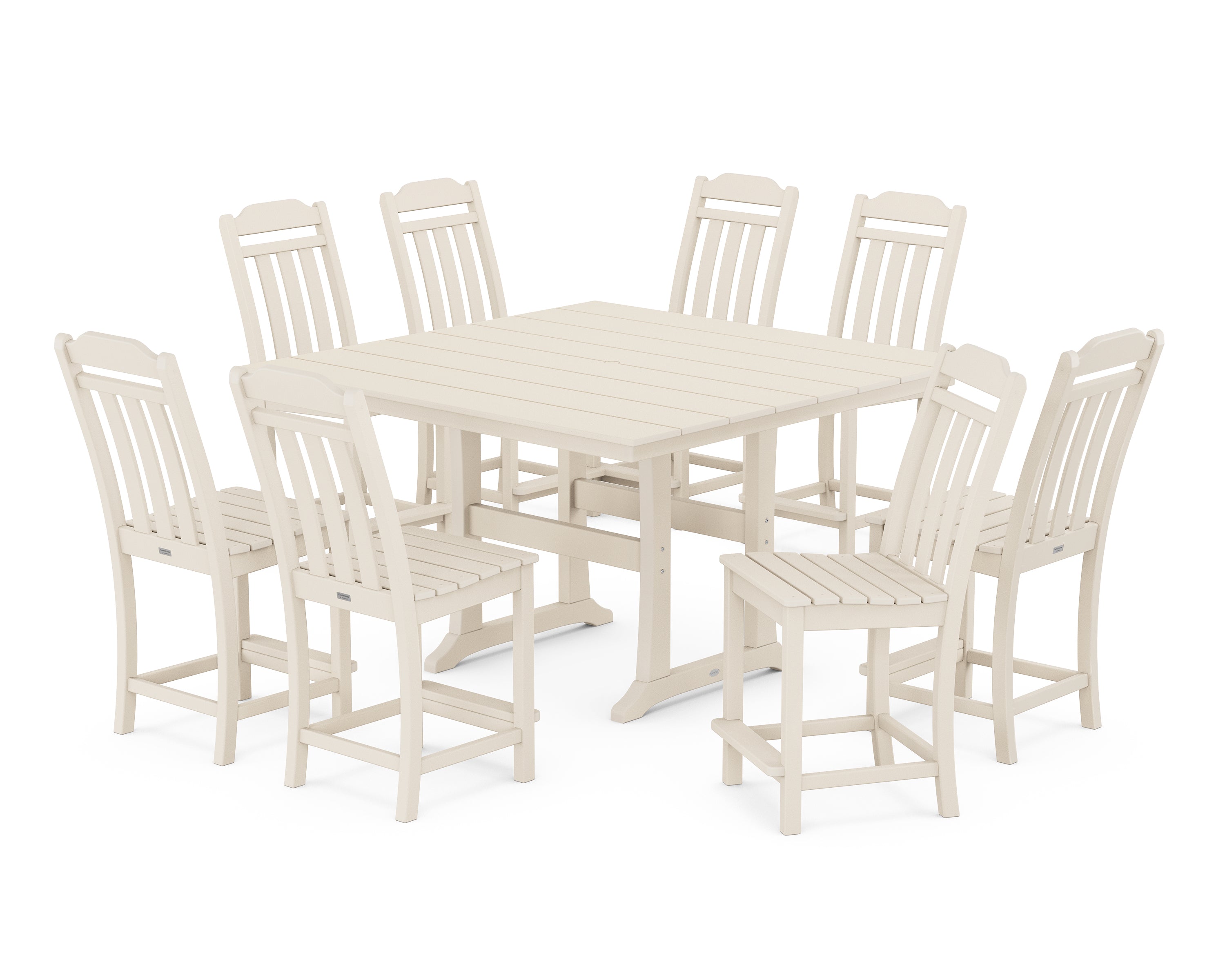 POLYWOOD Country Living 9-Piece Square Farmhouse Side Chair Counter Set with Trestle Legs in Sand