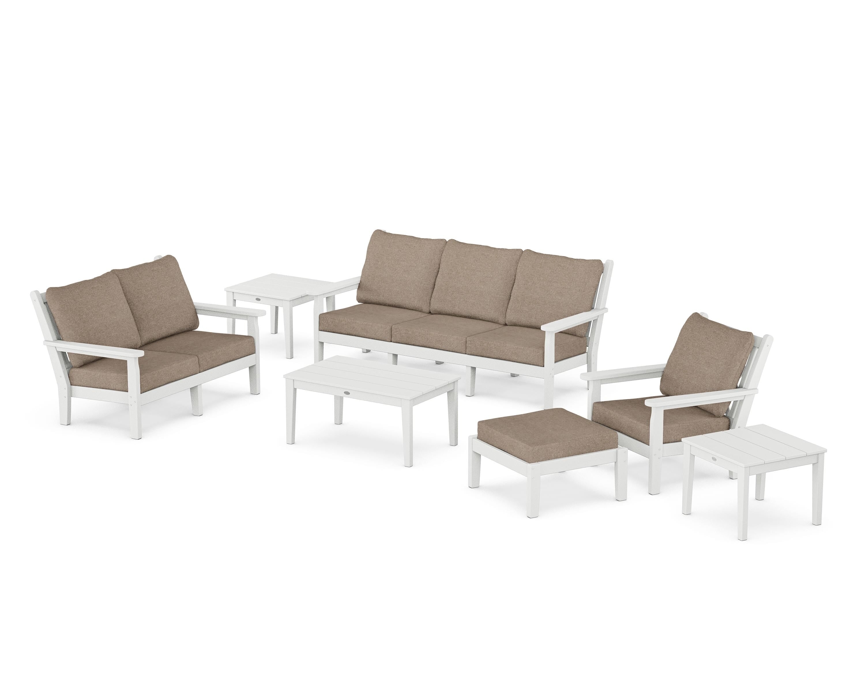 POLYWOOD Chippendale 7-Piece Deep Seating Set in White / Spiced Burlap