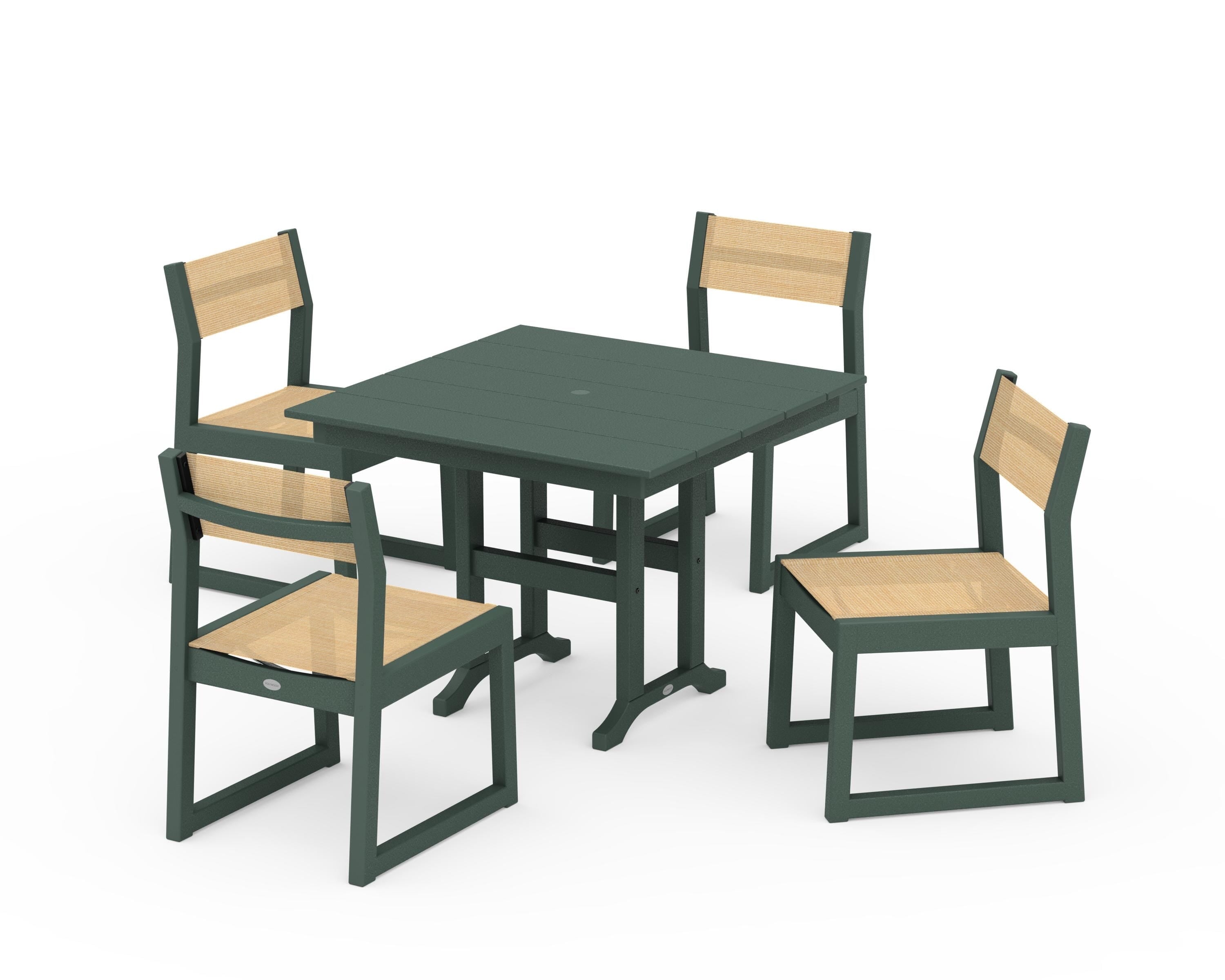 POLYWOOD EDGE Sling Side Chair 5-Piece Farmhouse Dining Set in Green / Dupioni Apricot Sling