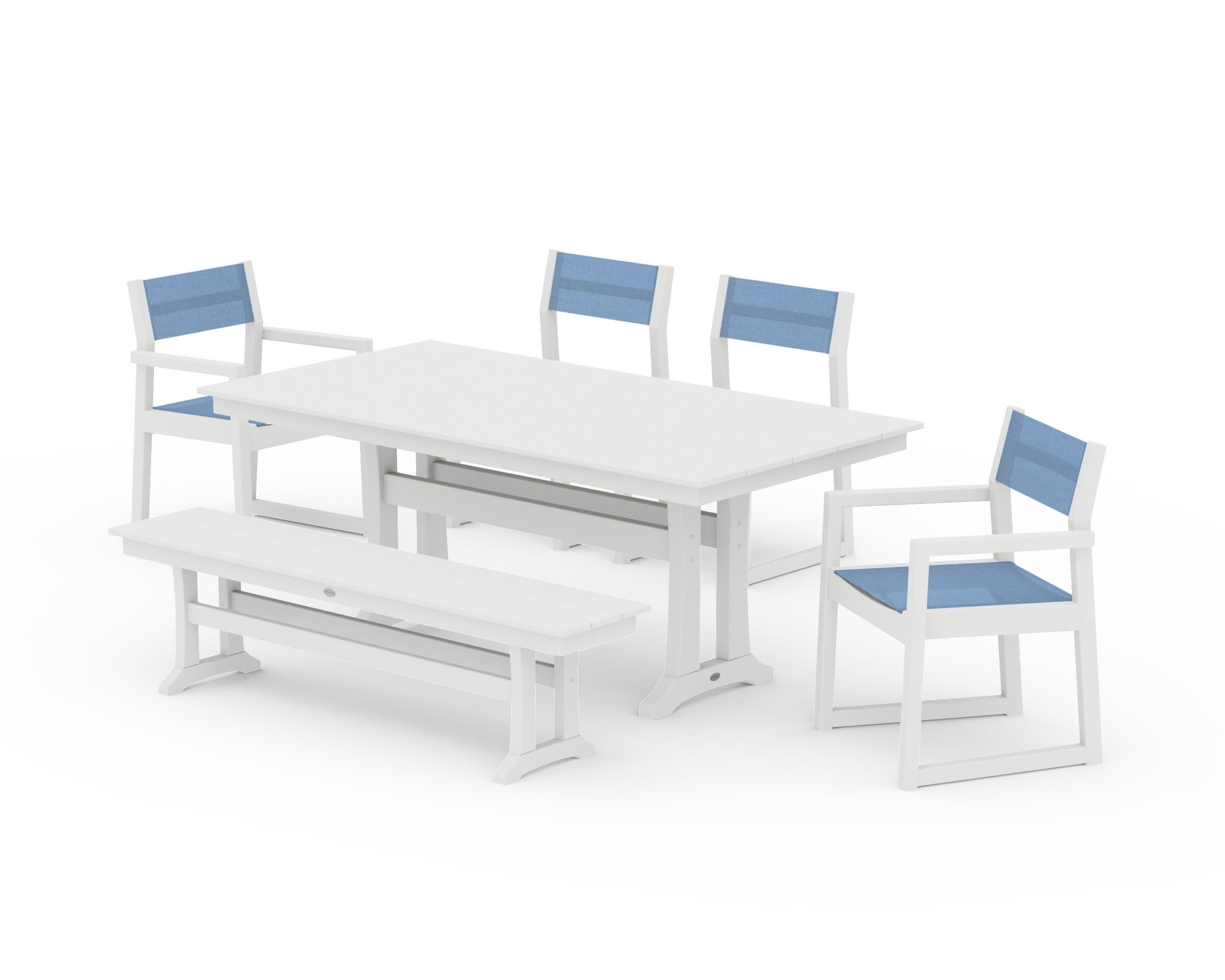 POLYWOOD EDGE Sling 6-Piece Farmhouse Dining Set With Trestle Legs in White / Poolside Sling