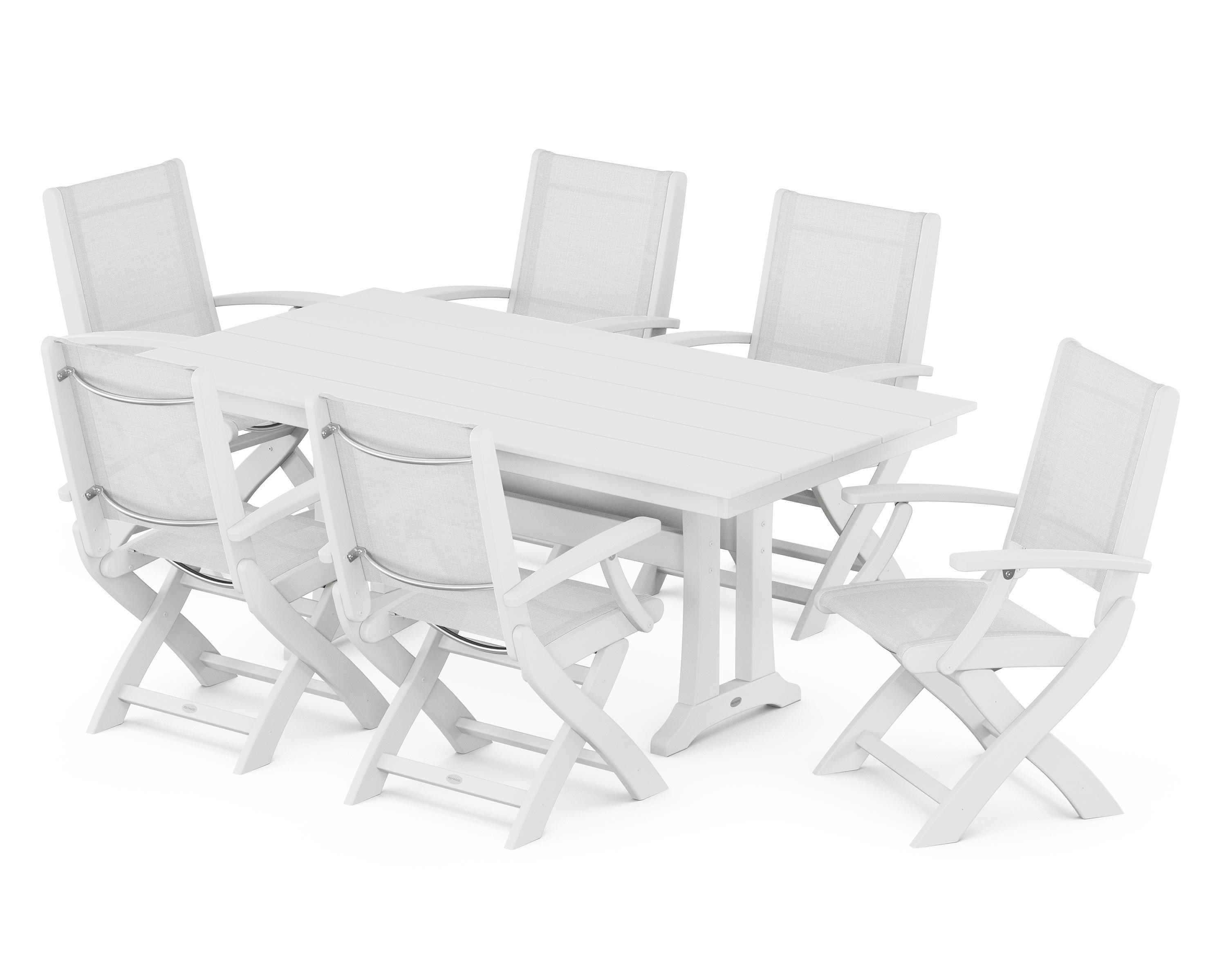 POLYWOOD Coastal Folding Arm Chair 7-Piece Farmhouse Dining Set with Trestle Legs in White / White Sling