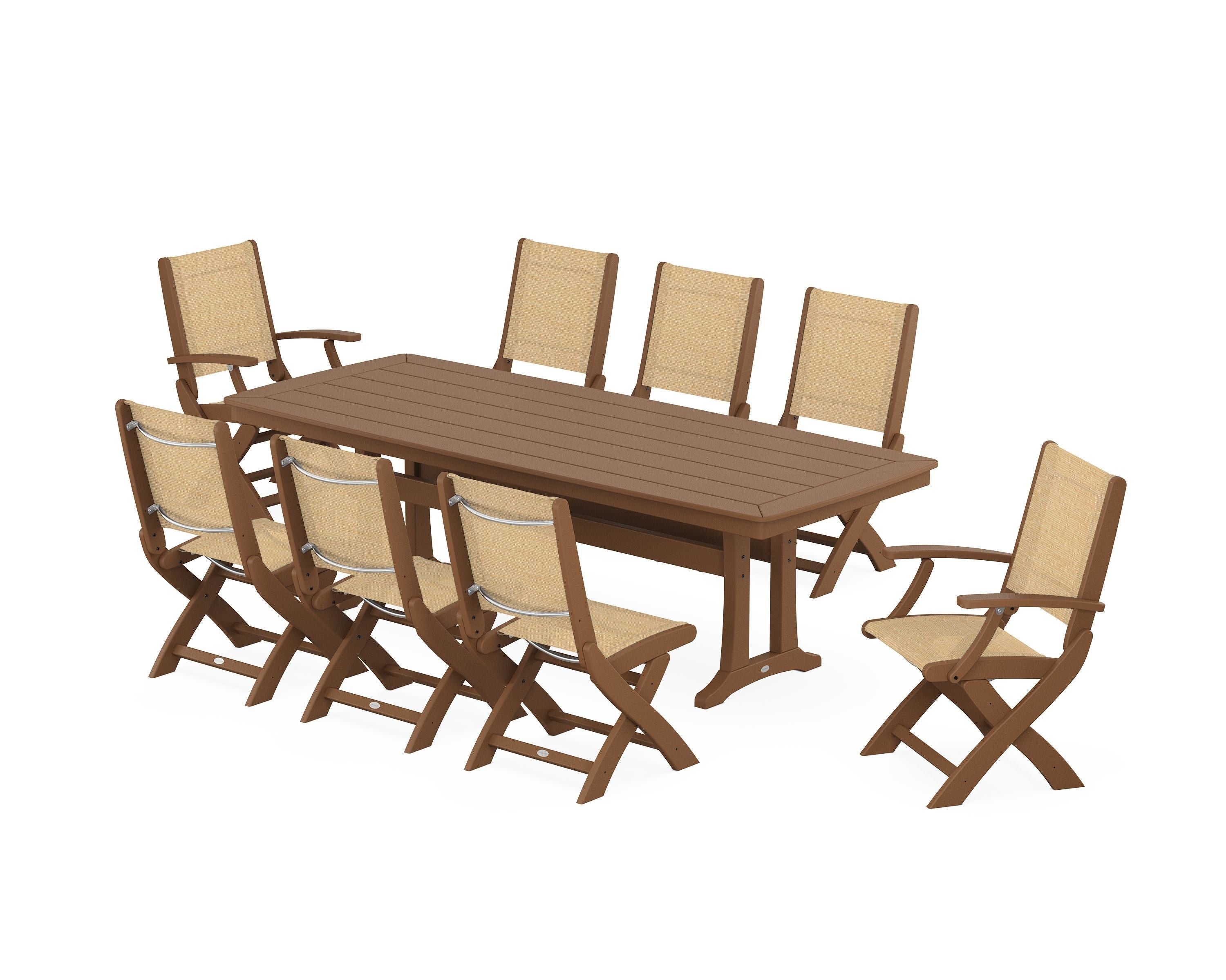 POLYWOOD Coastal Folding 9-Piece Dining Set with Trestle Legs in Teak / Dupioni Apricot Sling