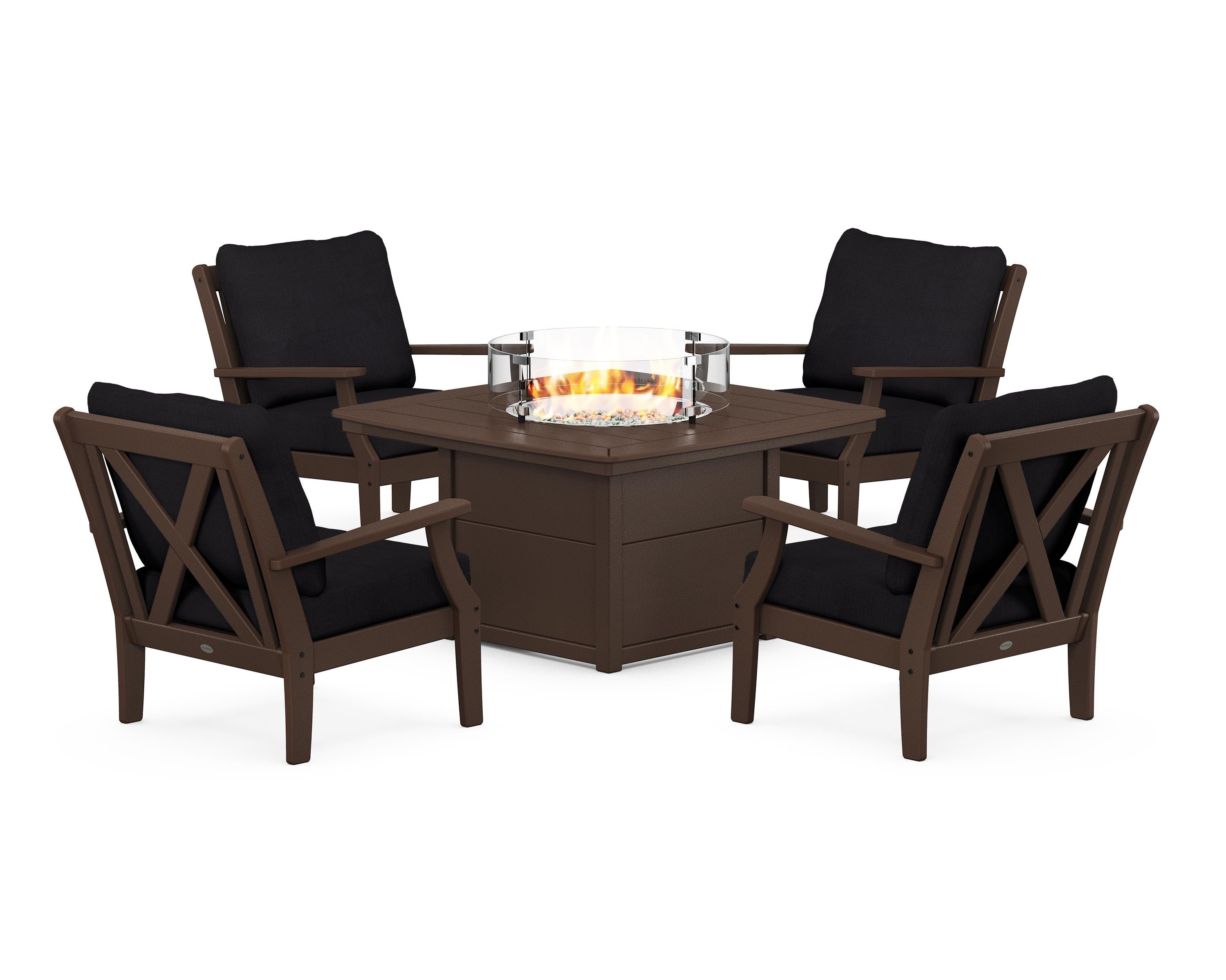 POLYWOOD Braxton 5-Piece Deep Seating Conversation Set with Fire Pit Table in Mahogany / Midnight Linen