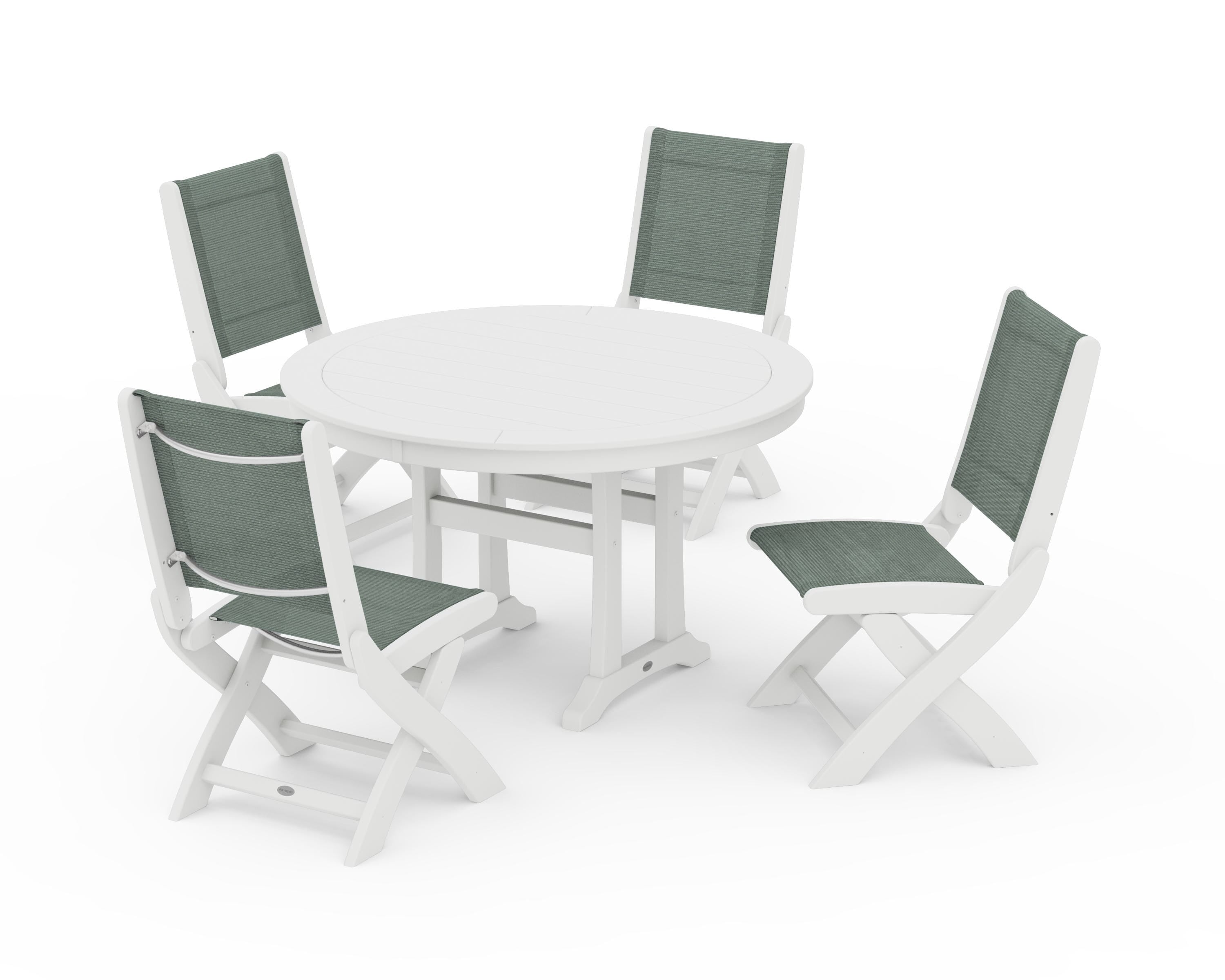 POLYWOOD Coastal Folding Side Chair 5-Piece Round Dining Set With Trestle Legs in White / Dupioni Sea Mist Sling