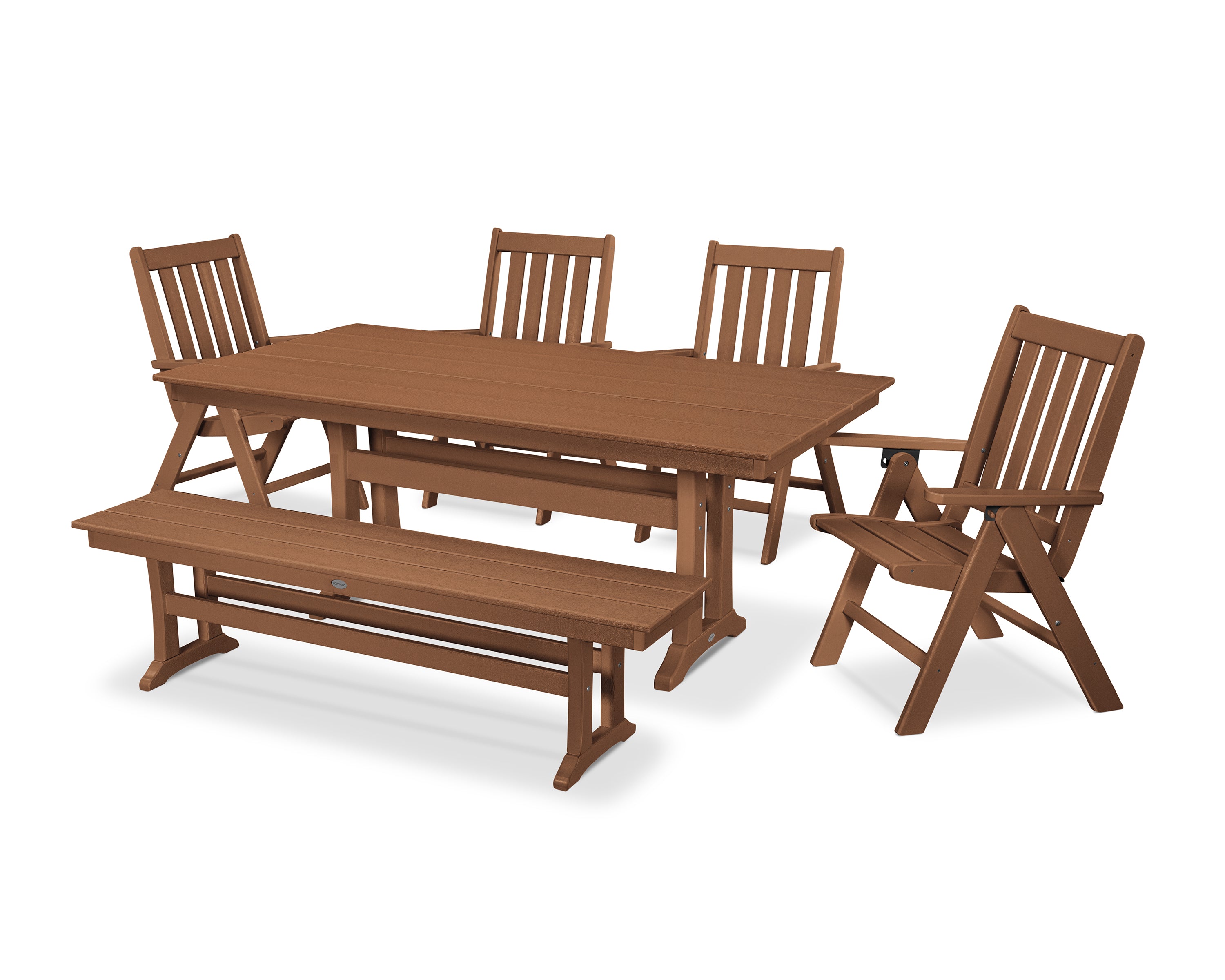 POLYWOOD® Vineyard 6-Piece Folding Chair Farmhouse Dining Set with Trestle Legs and Bench in Teak