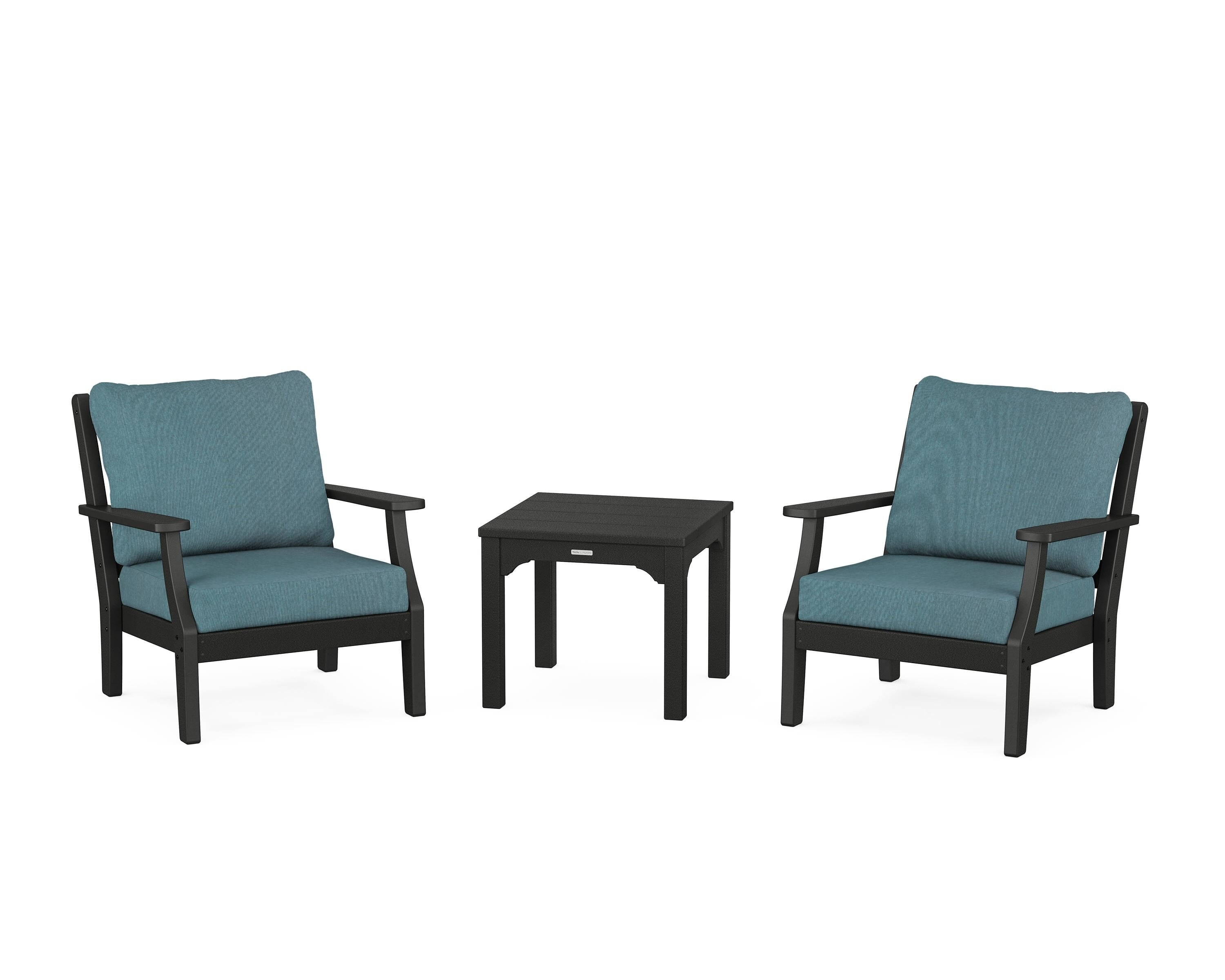 Martha Stewart by POLYWOOD Chinoiserie 3-Piece Deep Seating Set in Black / Ocean Teal