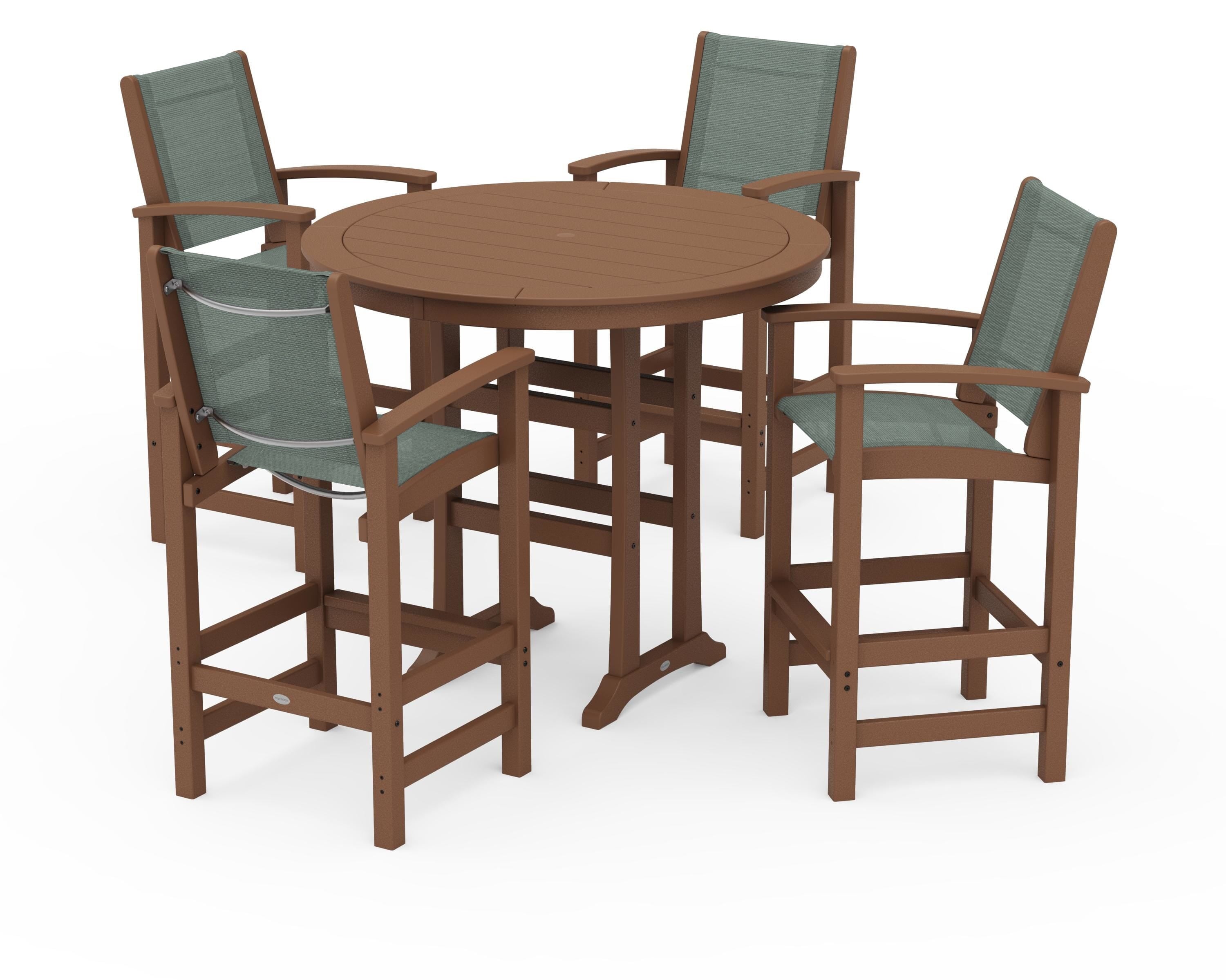 POLYWOOD Coastal 5-Piece Nautical Trestle Bar Set in Teak / Dupioni Sea Mist Sling