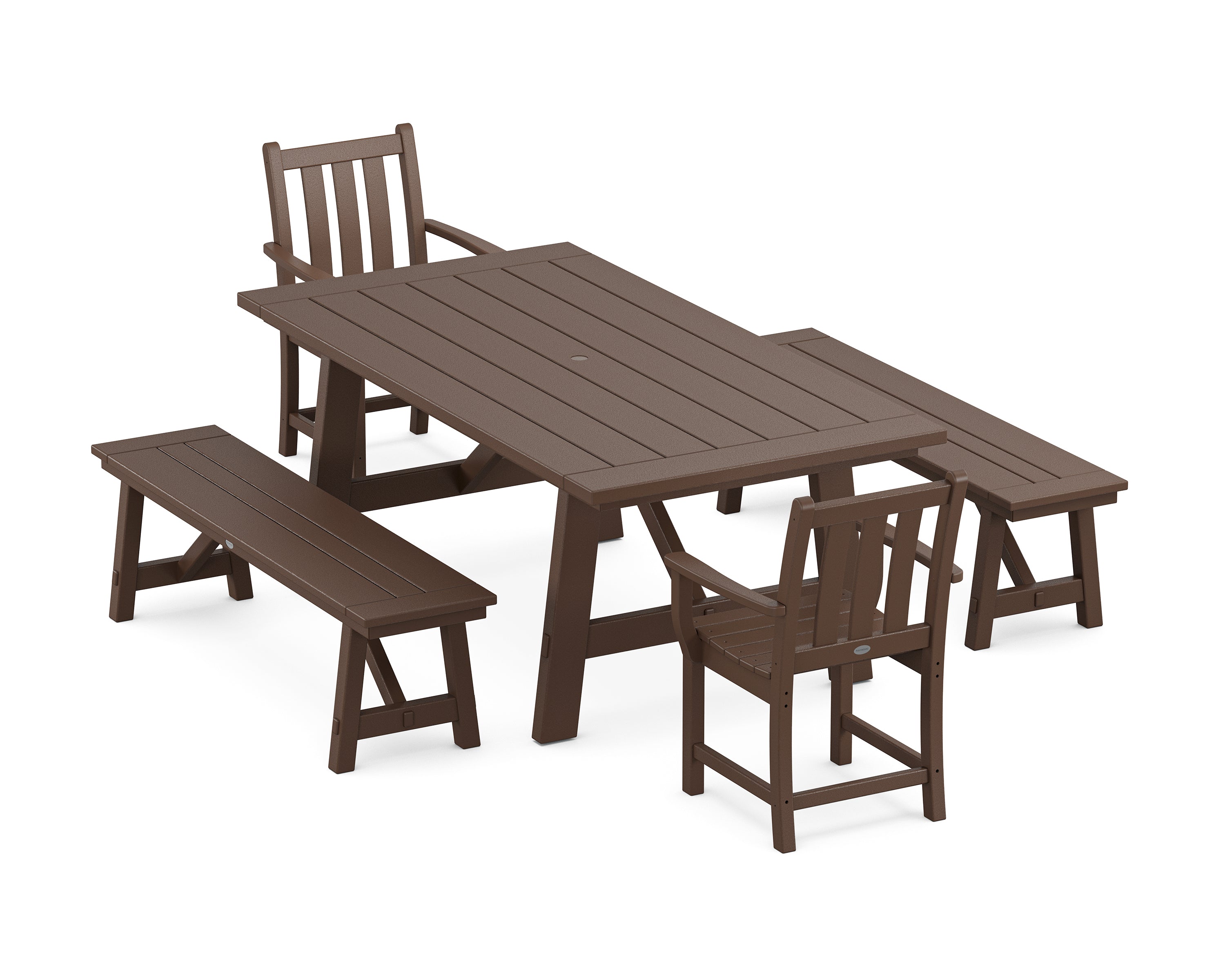 POLYWOOD® Traditional Garden 5-Piece Rustic Farmhouse Dining Set With Benches in Mahogany