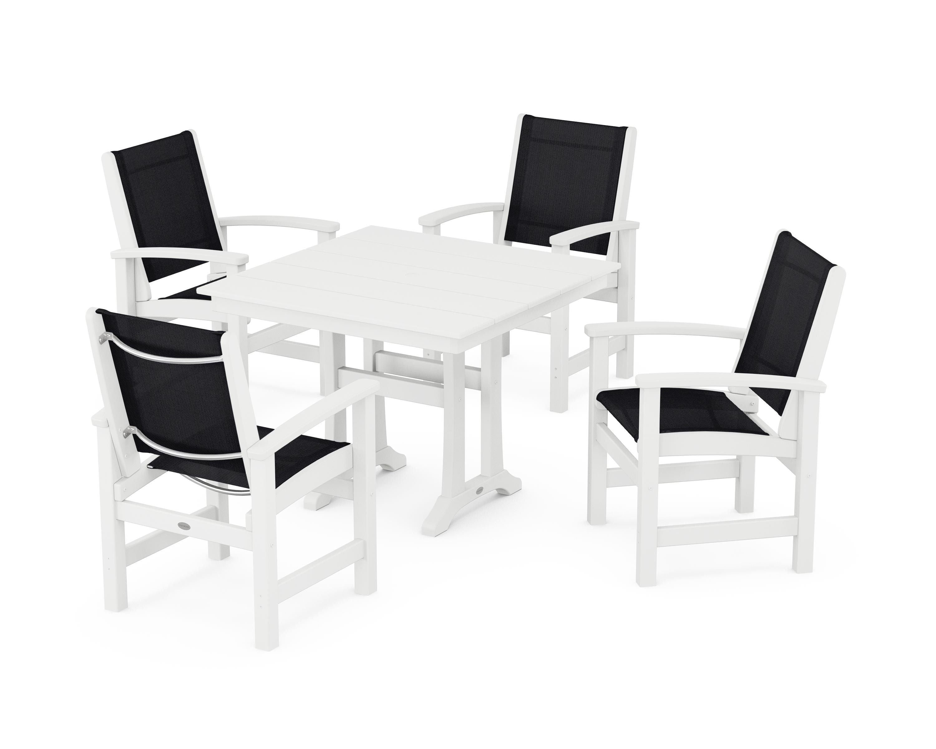 POLYWOOD Coastal 5-Piece Farmhouse Dining Set With Trestle Legs in White / Black Sling