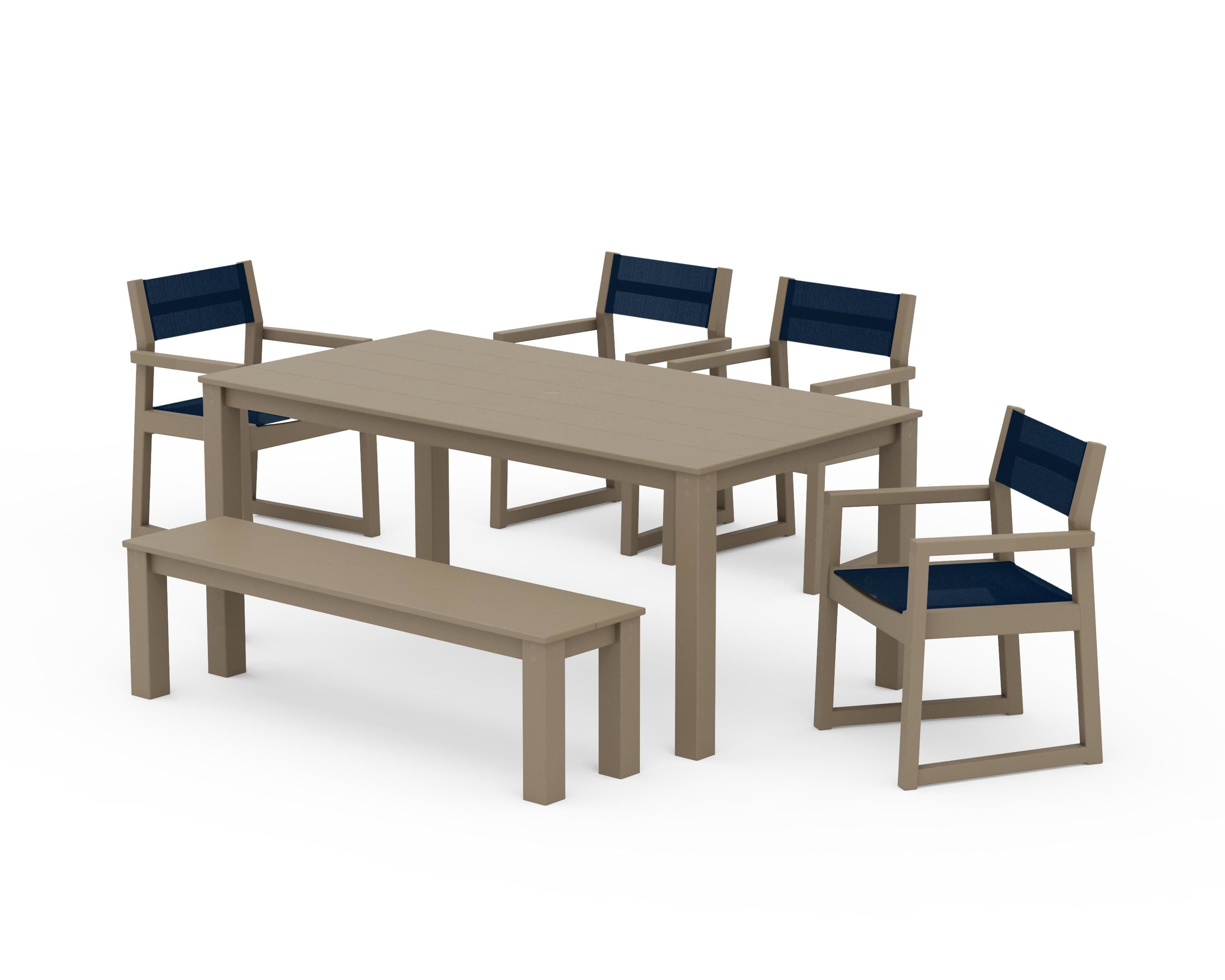 POLYWOOD EDGE Sling Arm Chair 6-Piece Parsons Dining Set with Bench in Vintage Sahara / Navy Blue Sling