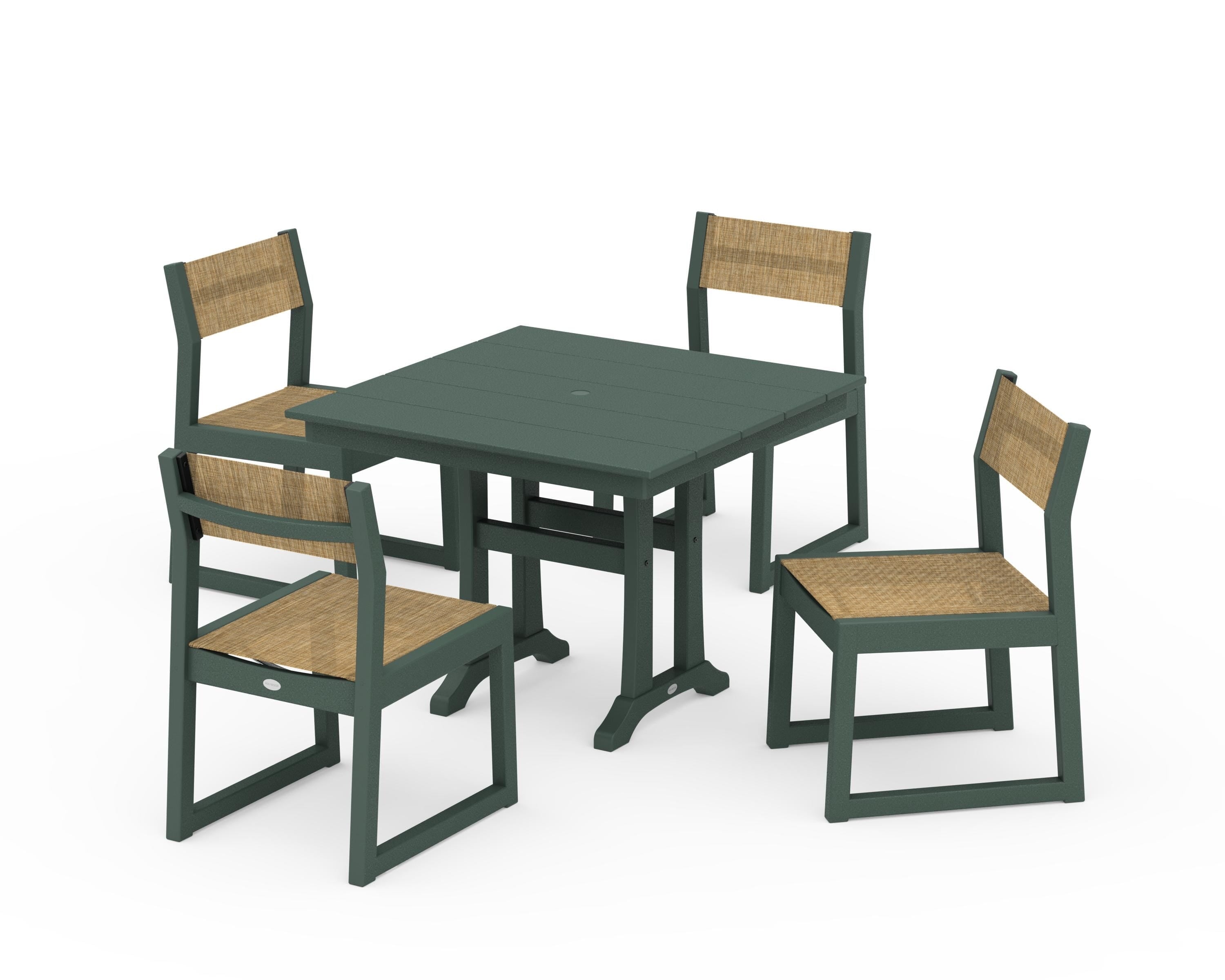 POLYWOOD EDGE Sling 5-Piece Farmhouse Trestle Side Chair Dining Set in Green / Burlap Sling