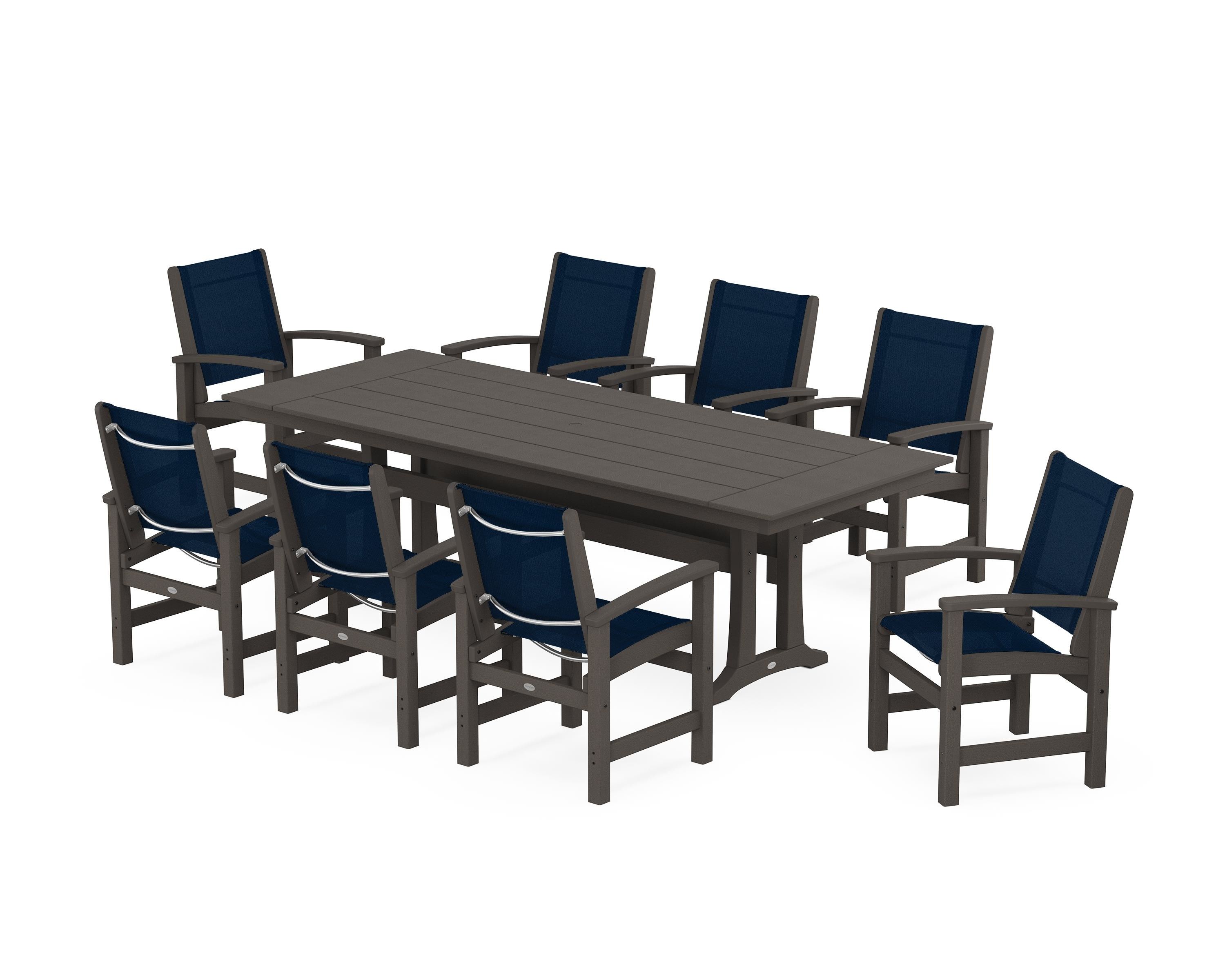 POLYWOOD Coastal 9-Piece Farmhouse Dining Set with Trestle Legs in Vintage Coffee / Navy Blue Sling
