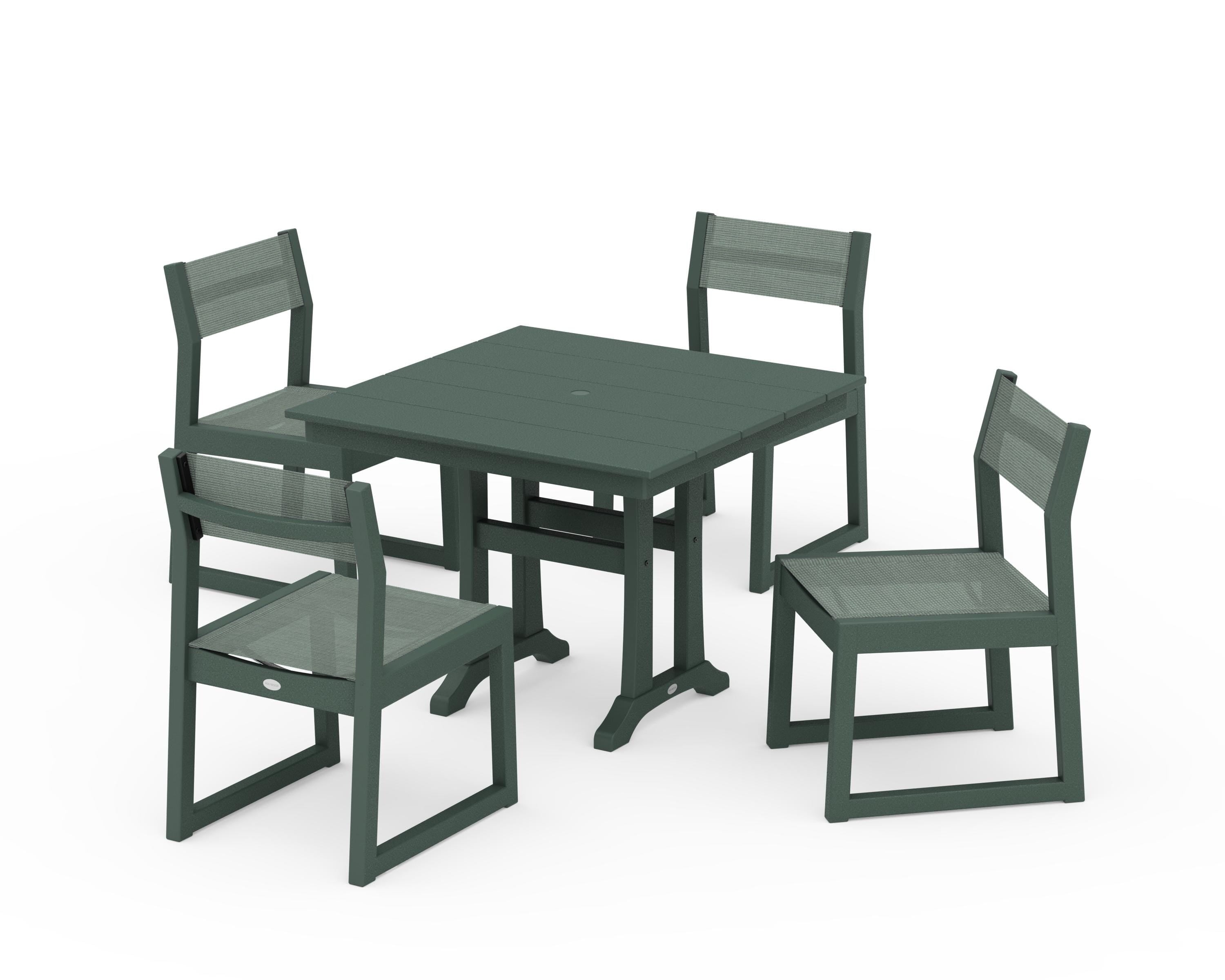 POLYWOOD EDGE Sling 5-Piece Farmhouse Trestle Side Chair Dining Set in Green / Dupioni Sea Mist Sling
