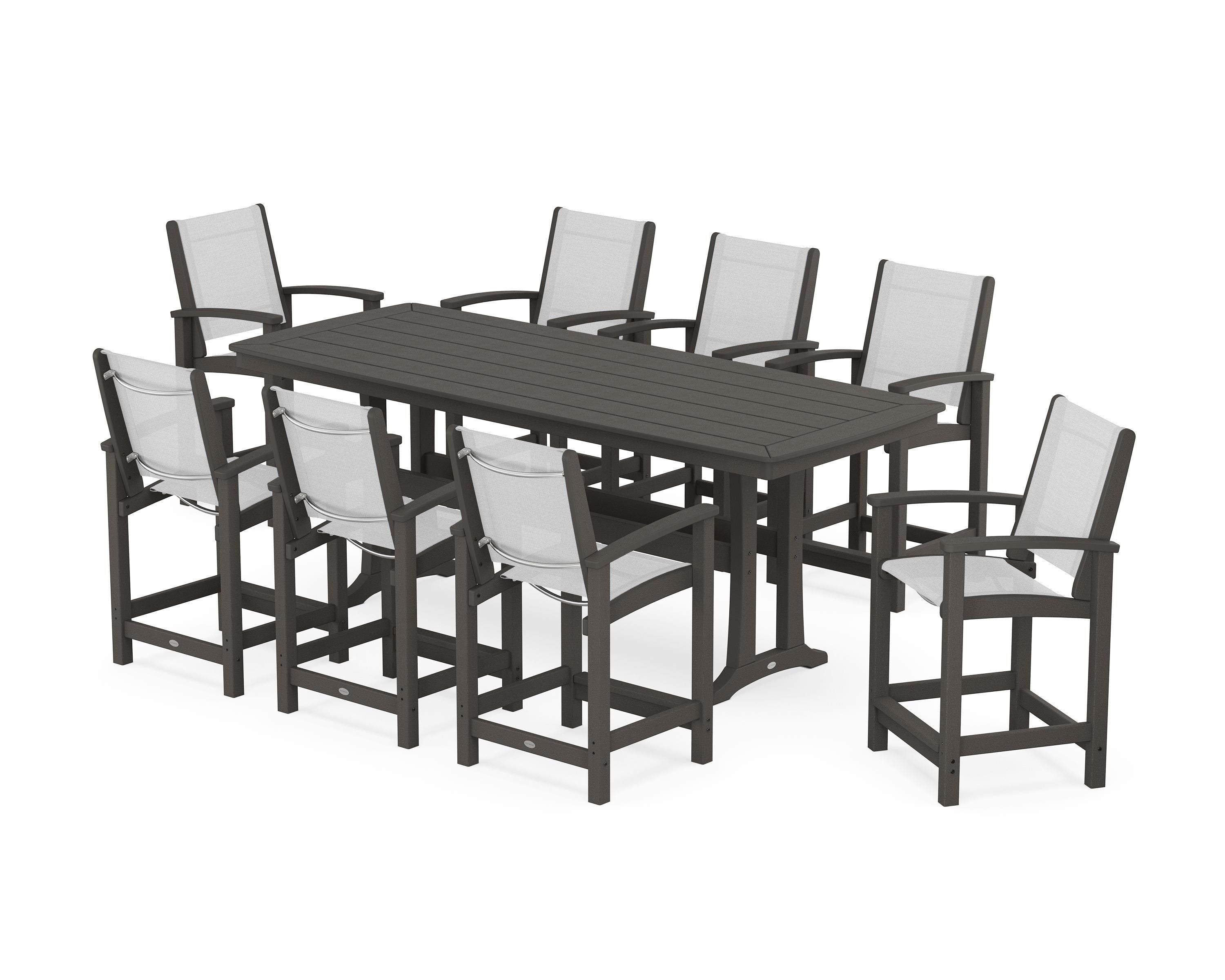 POLYWOOD Coastal 9-Piece Counter Set with Trestle Legs in Vintage Coffee / White Sling