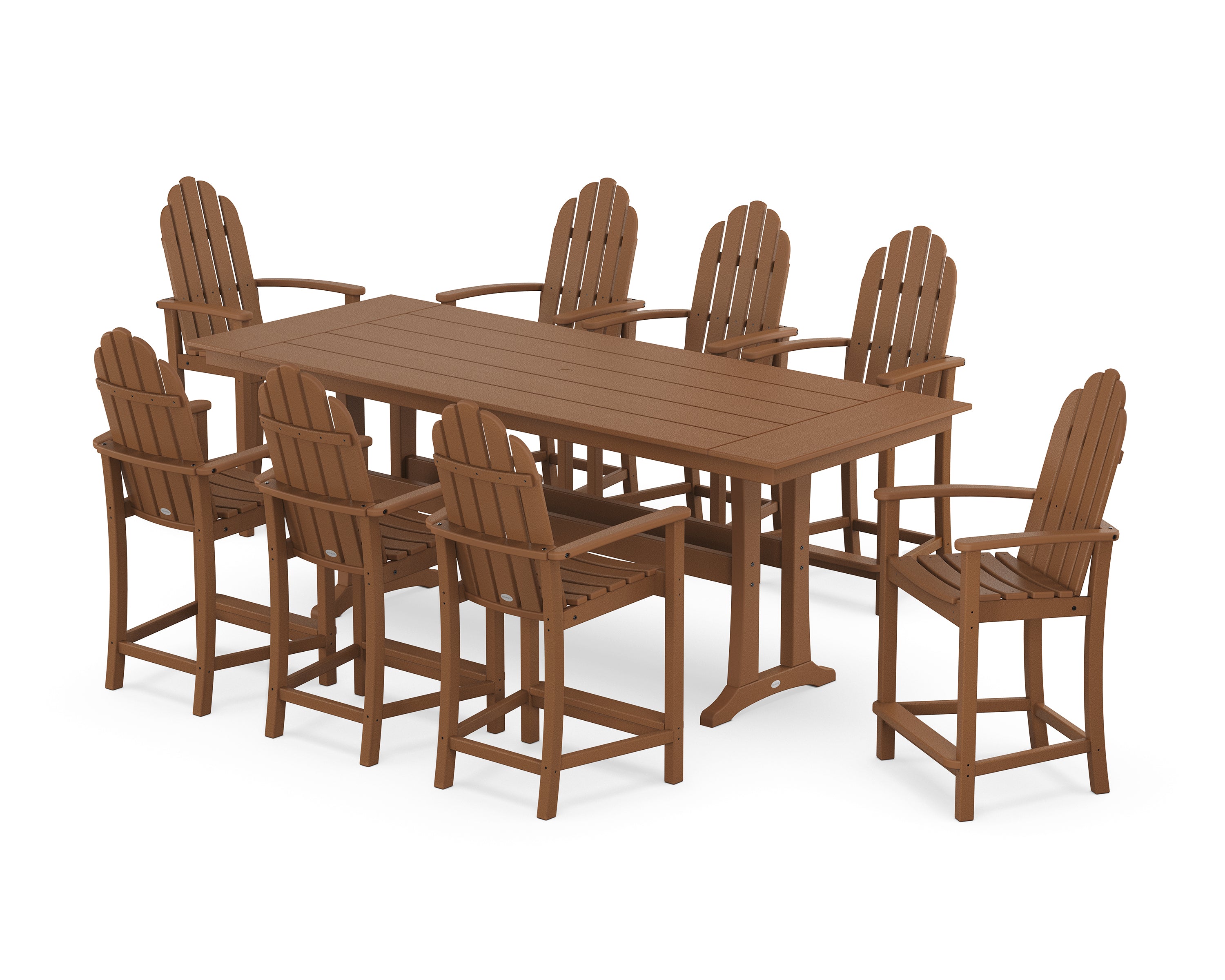 POLYWOOD Classic Adirondack 9-Piece Farmhouse Counter Set with Trestle Legs in Teak