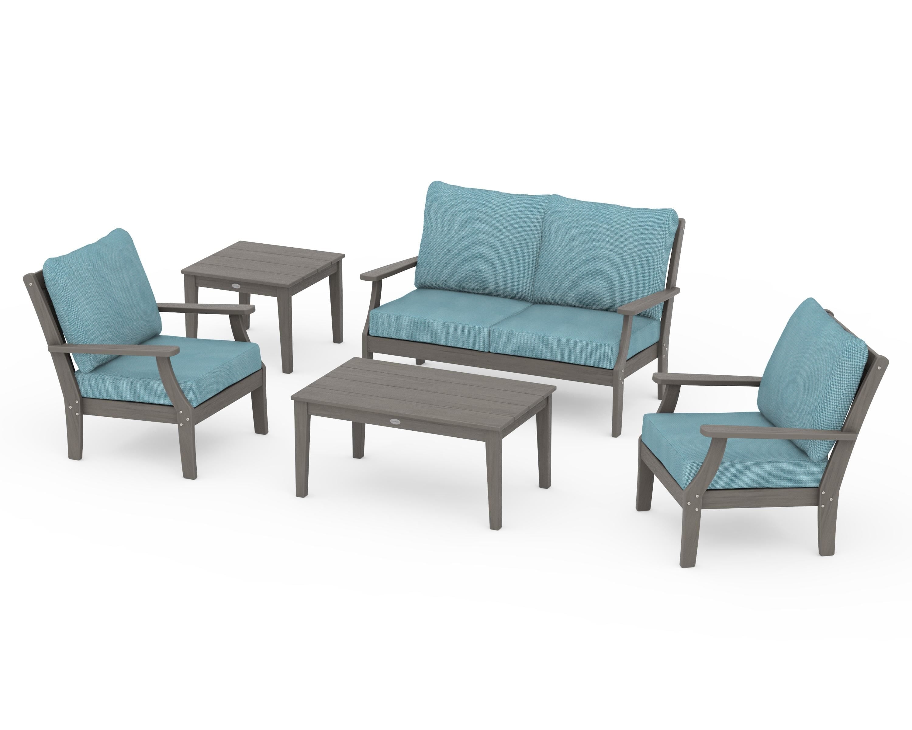 POLYWOOD Braxton 5-Piece Deep Seating Set in Driftwood / Lattice Sky Blue