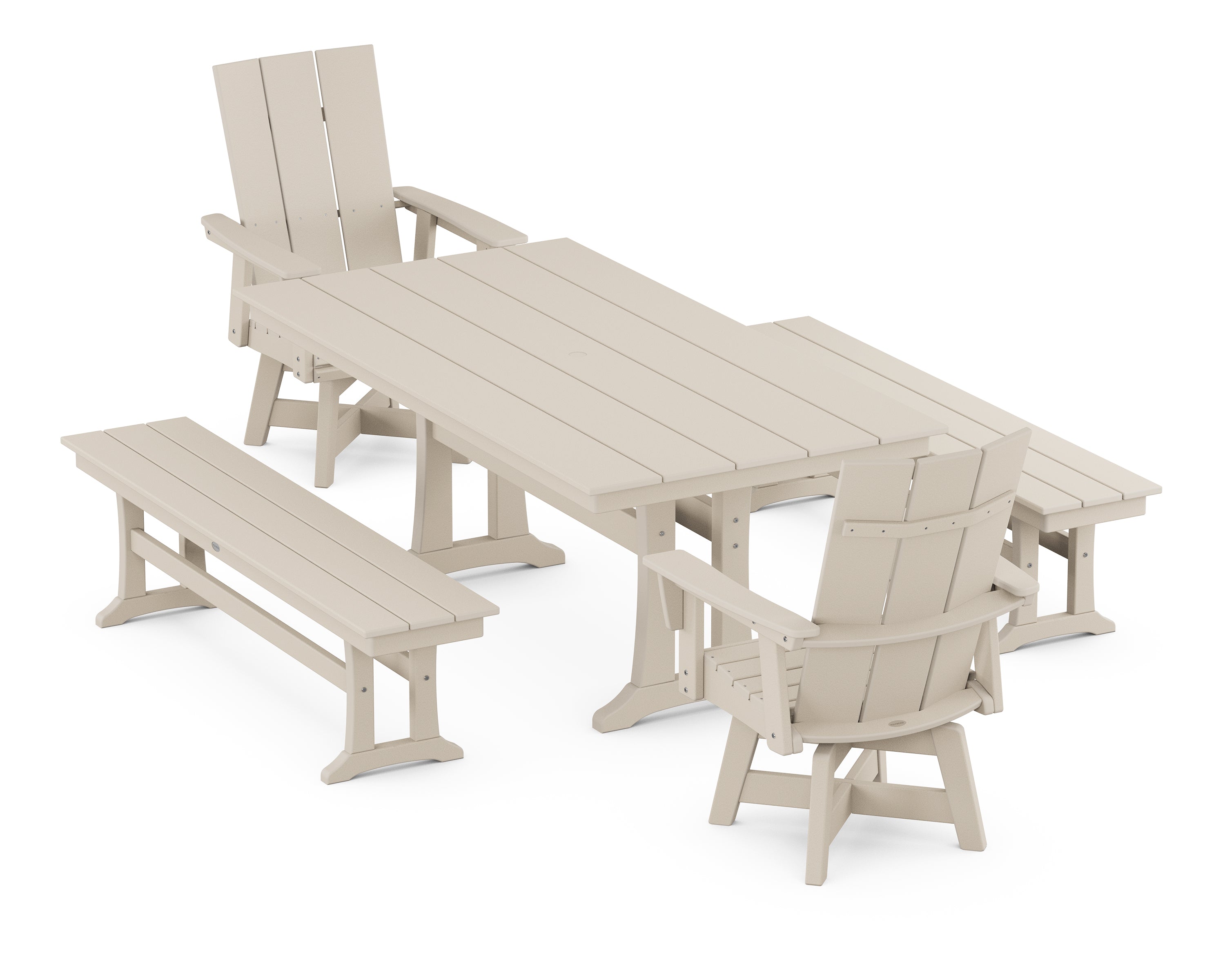 POLYWOOD® Modern Curveback Adirondack Swivel Chair 5-Piece Farmhouse Dining Set With Trestle Legs and Benches in Sand