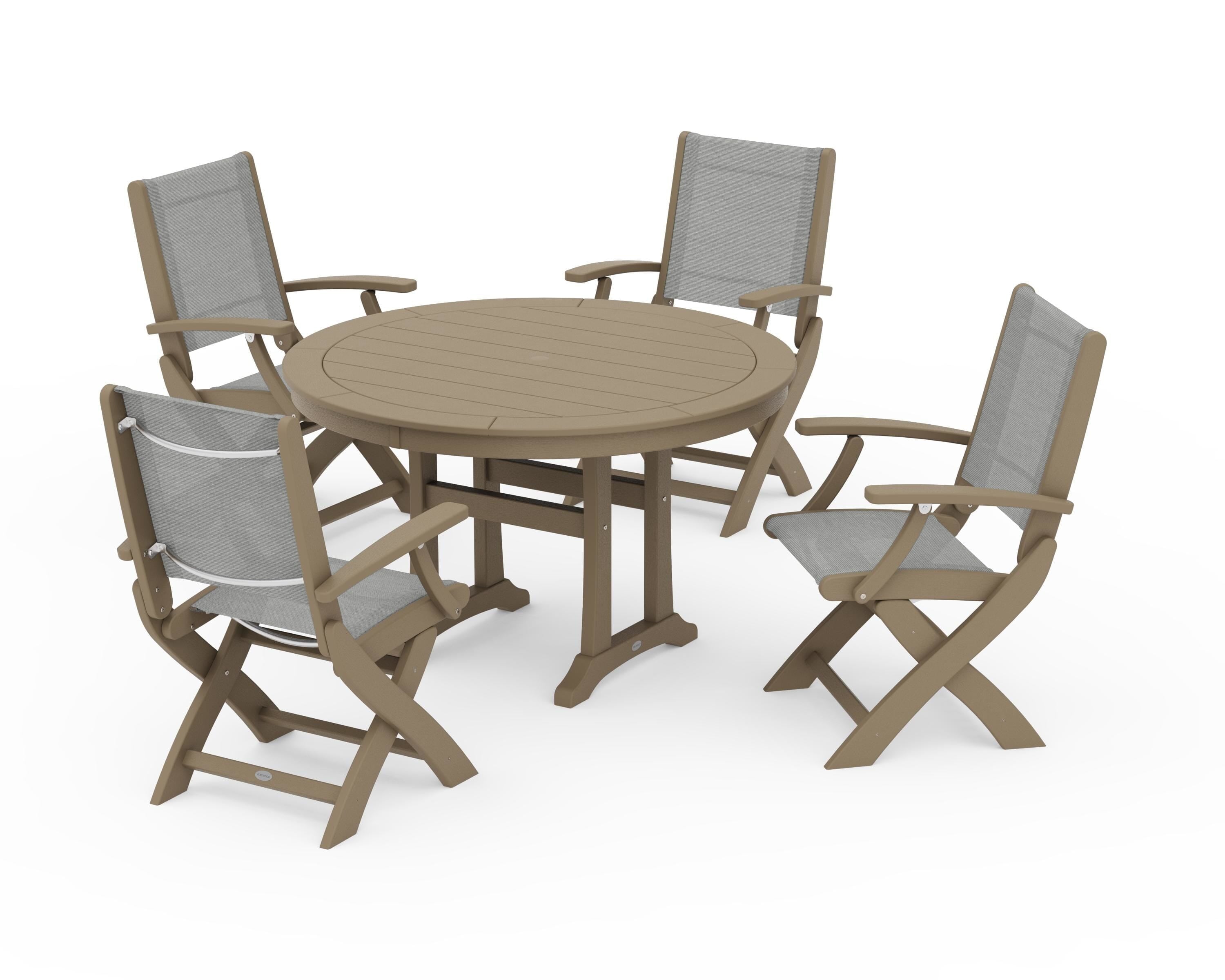 POLYWOOD Coastal Folding Chair 5-Piece Round Dining Set with Trestle Legs in Vintage Sahara / Metallic Sling