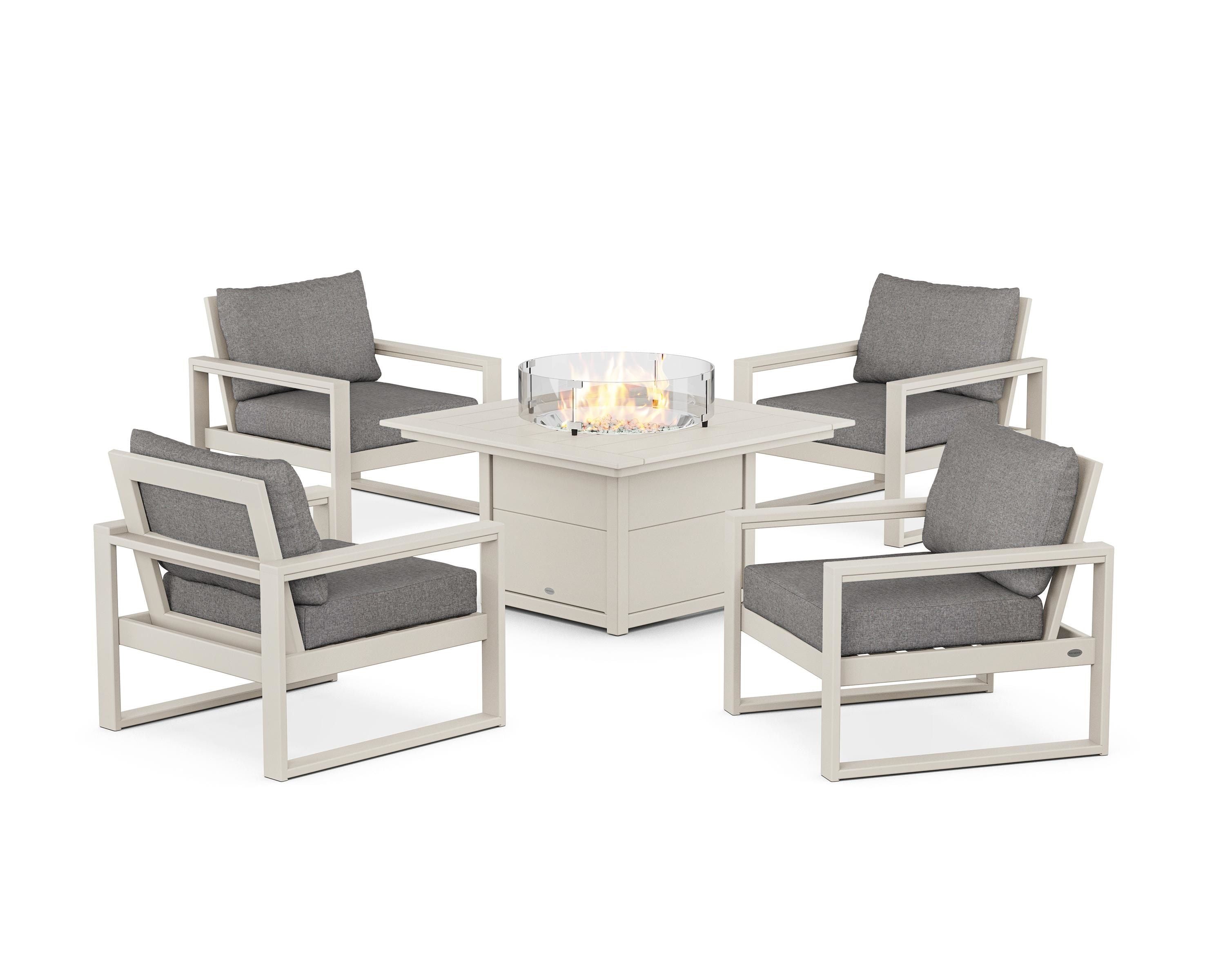 POLYWOOD EDGE Sectional 5-Piece Deep Seating Set with Fire Pit Table in Sand / Grey Mist