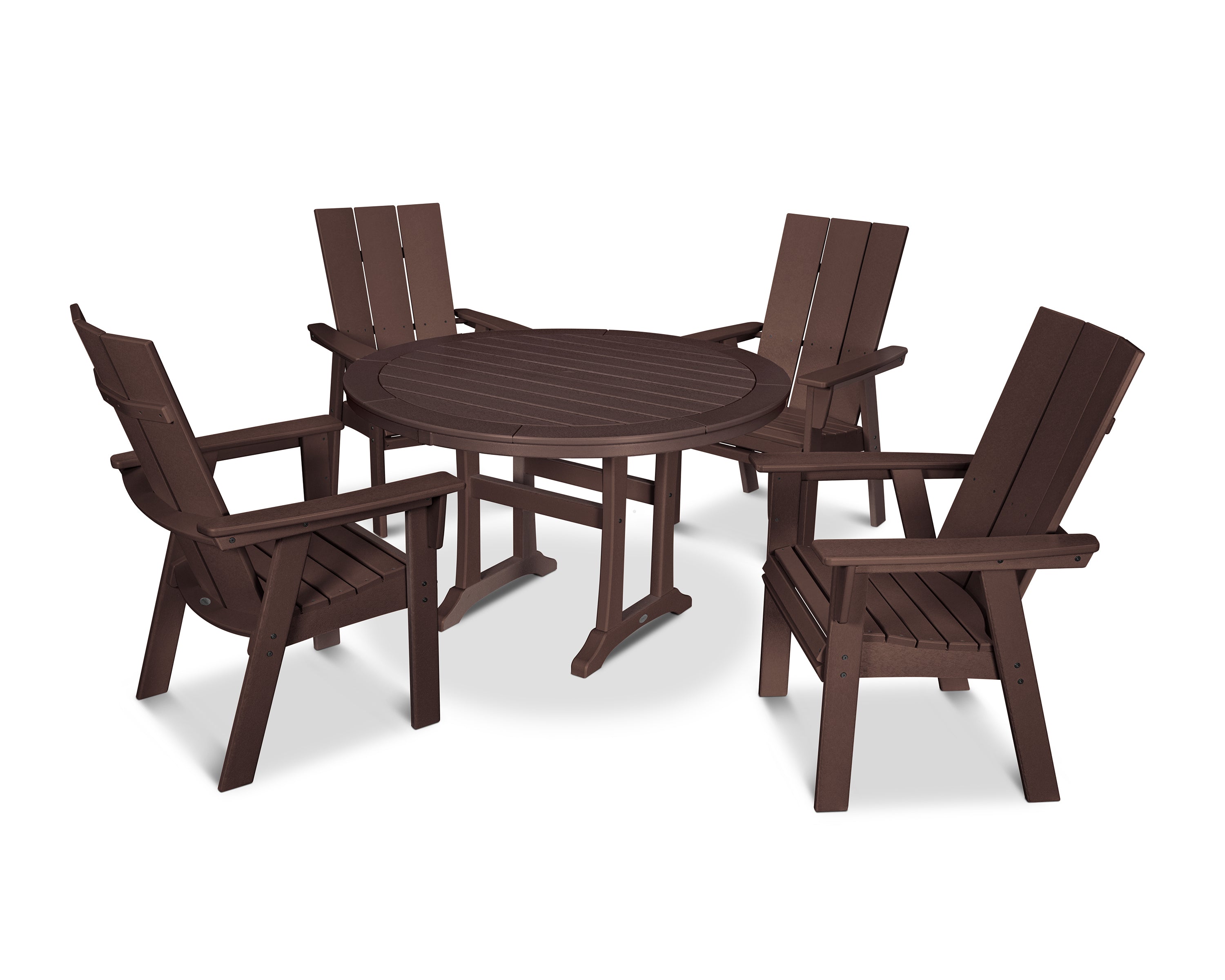 POLYWOOD® Modern Curveback Adirondack 5-Piece Nautical Trestle Dining Set in Mahogany