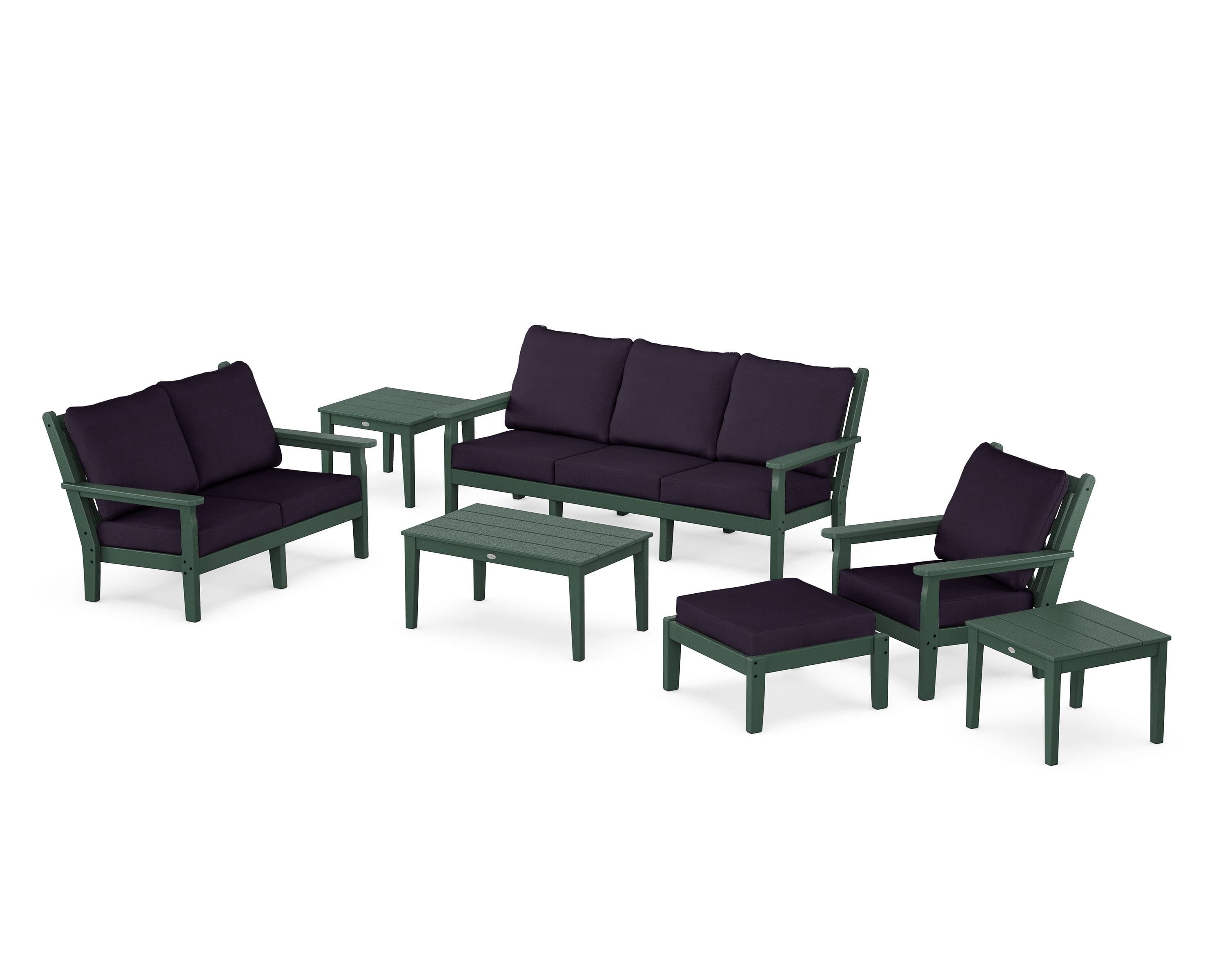 POLYWOOD Chippendale 7-Piece Deep Seating Set in Green / Navy Linen