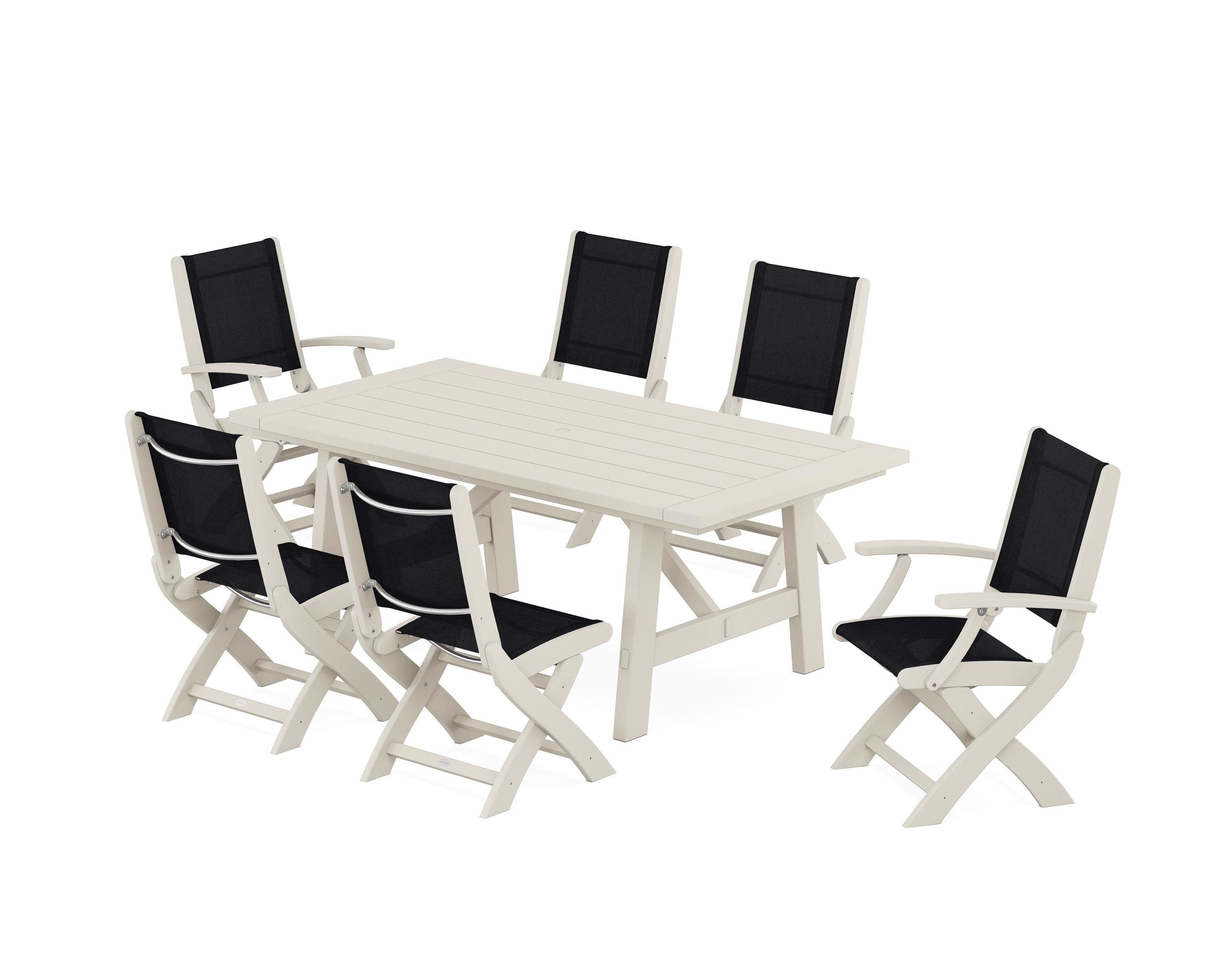 POLYWOOD Coastal Folding Chair 7-Piece Rustic Farmhouse Dining Set in Sand / Black Sling