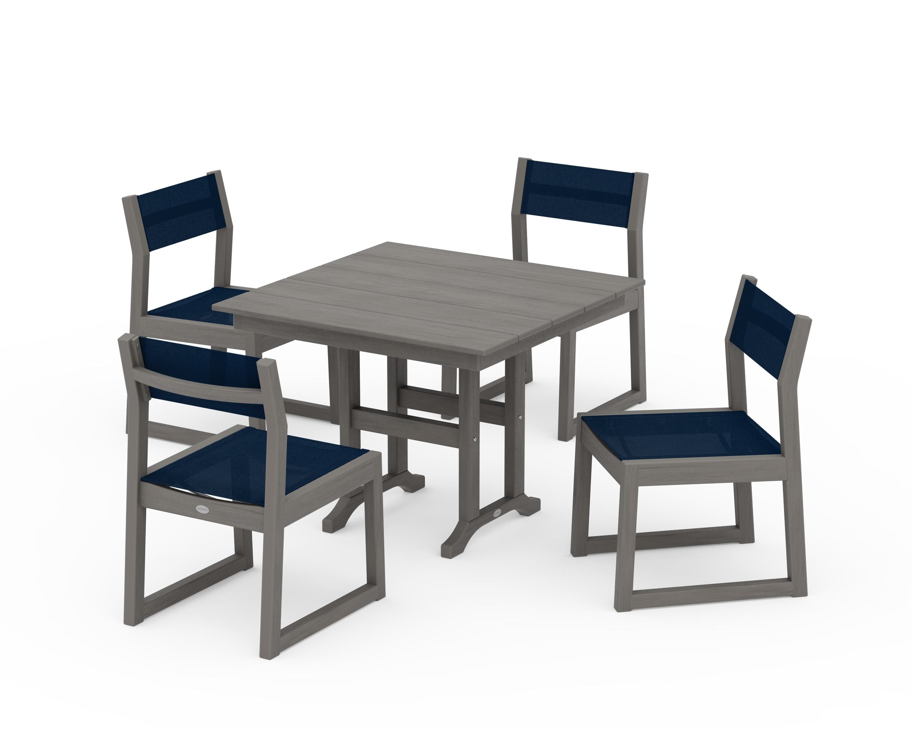 POLYWOOD EDGE Sling Side Chair 5-Piece Farmhouse Dining Set in Driftwood / Navy Blue Sling