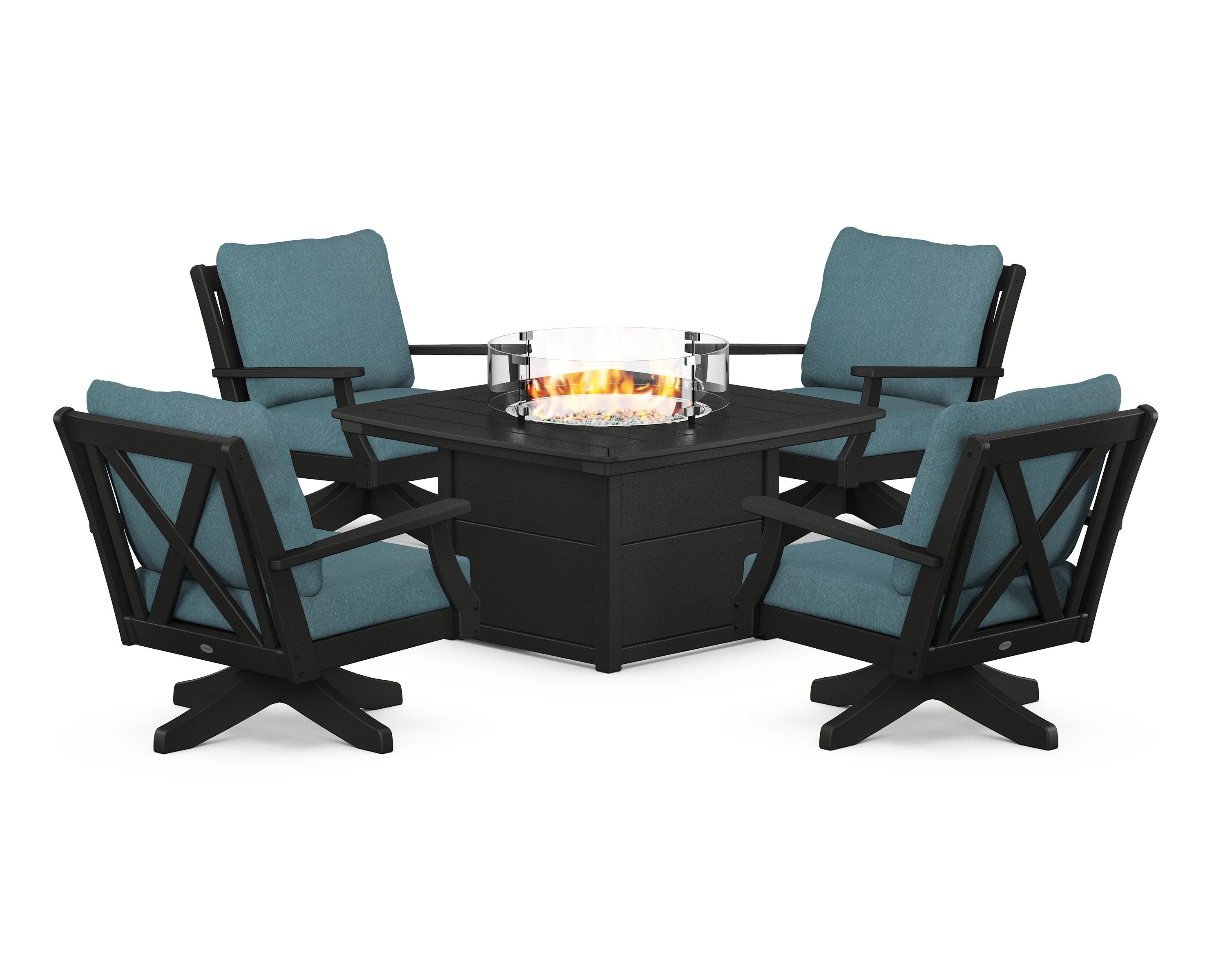 POLYWOOD Braxton 5-Piece Deep Seating Swivel Conversation Set with Fire Pit Table in Black / Ocean Teal