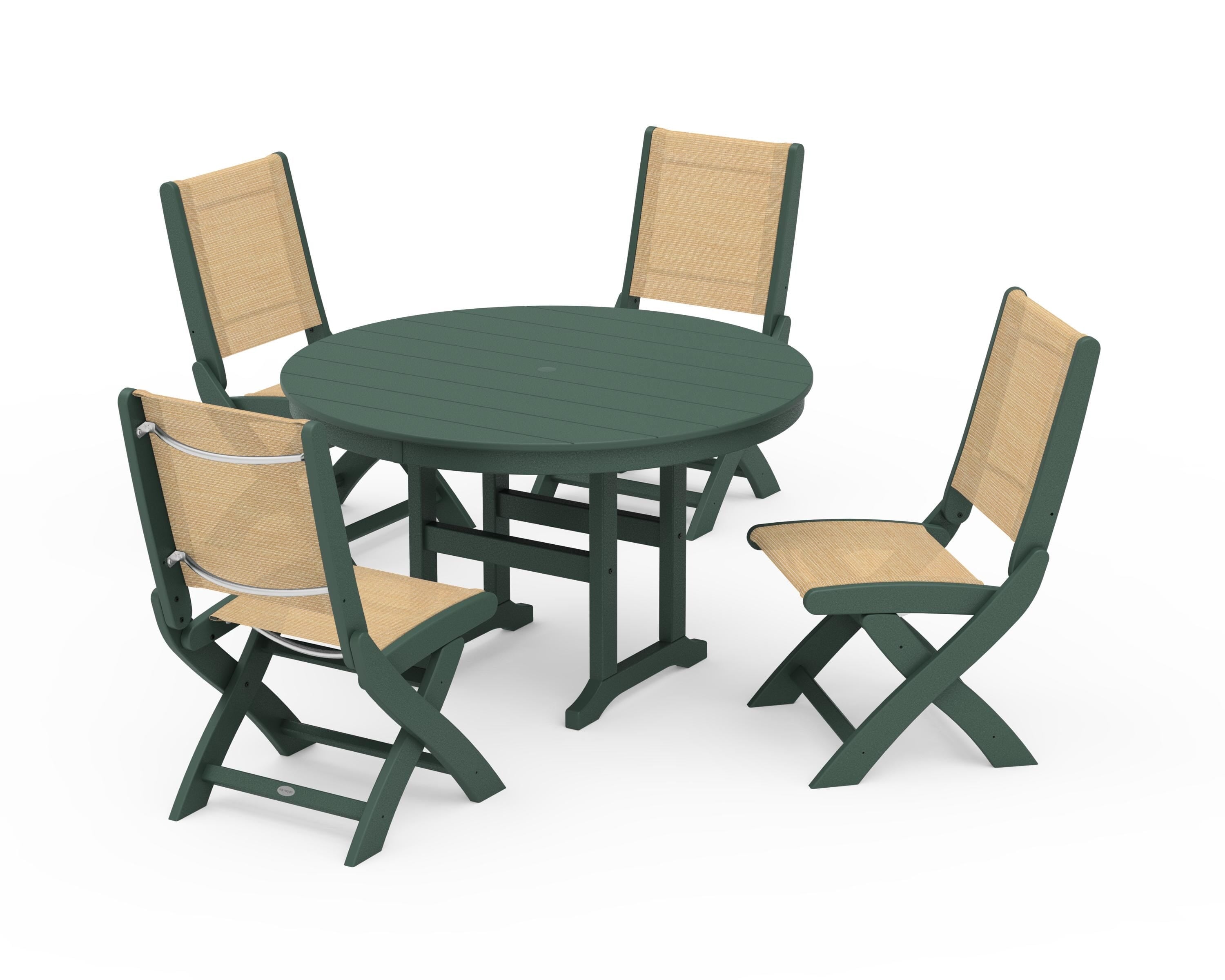 POLYWOOD Coastal Folding Side Chair 5-Piece Round Dining Set in Green / Dupioni Apricot Sling